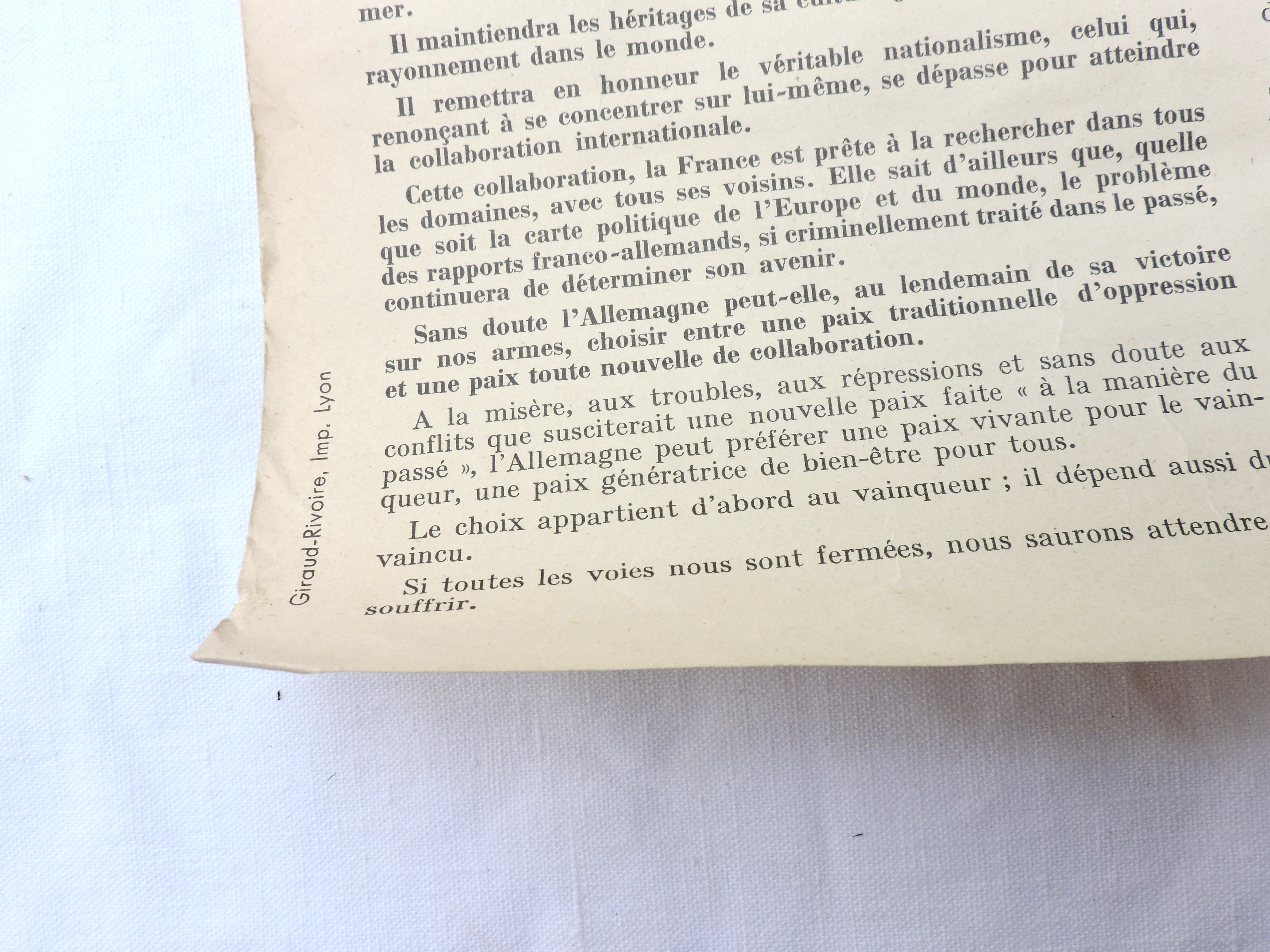 Affiche du discours du Mar&eacute;chal P&eacute;tain 11 Octobre 1940