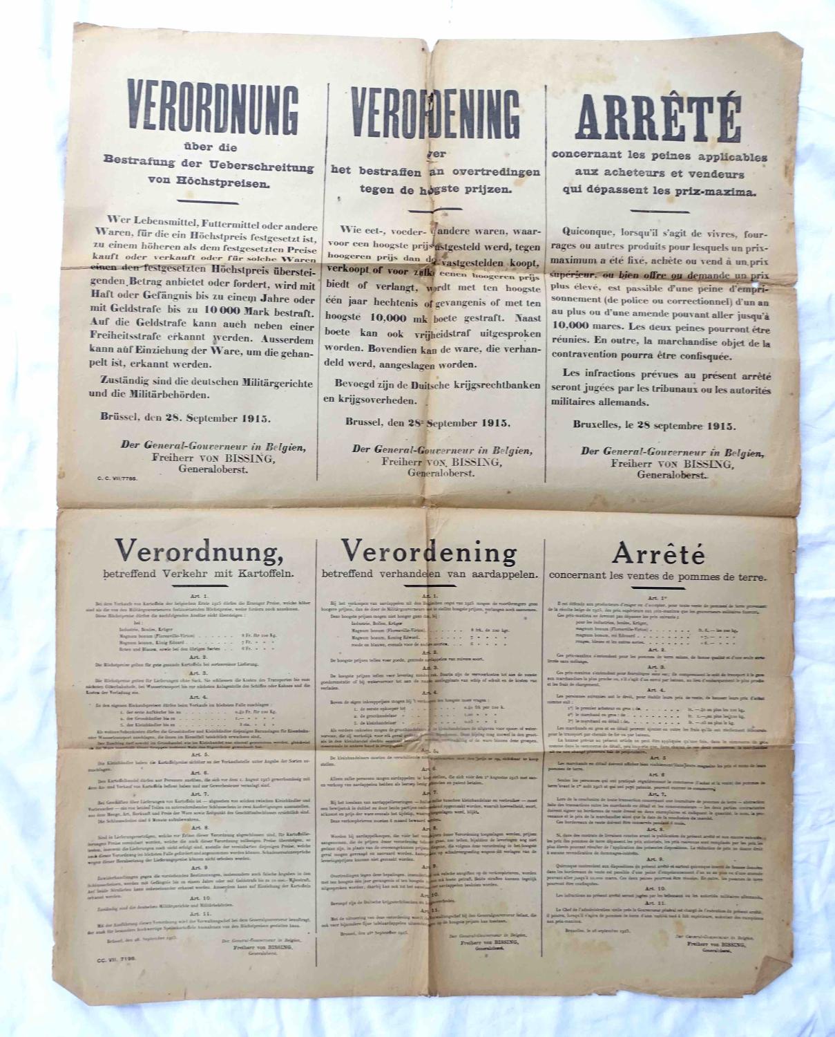 Affiche trilingue Belgique 1915 Occupation allemande