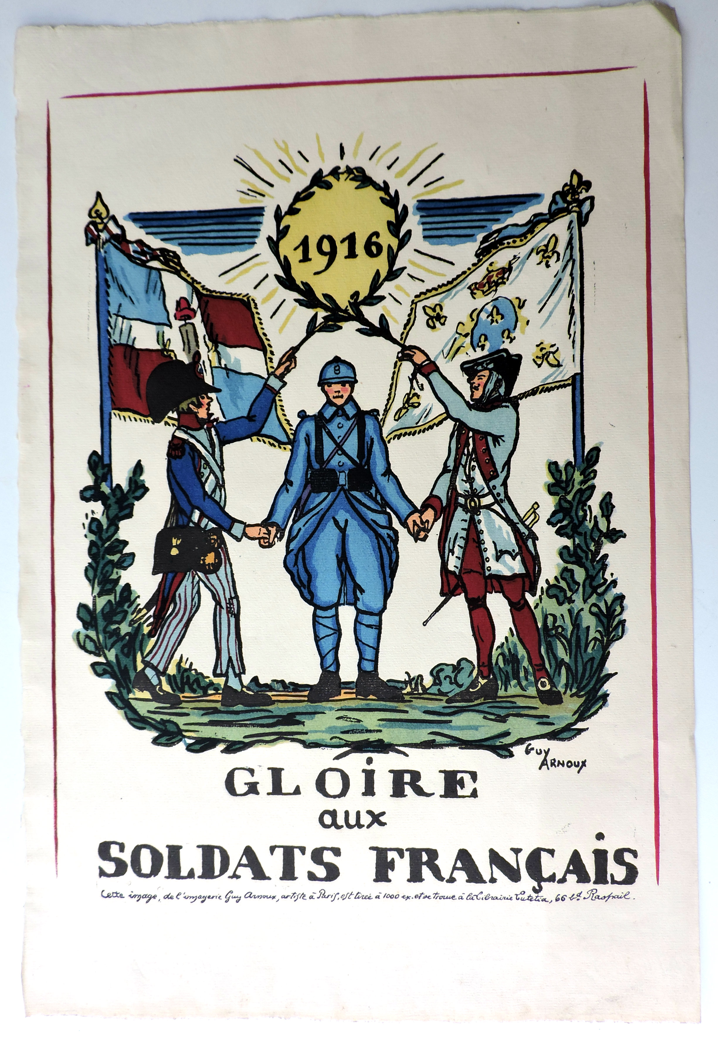 Affichette lithographi&eacute;e Gloire aux soldats fran&ccedil;ais 1916  Guy Arnoux