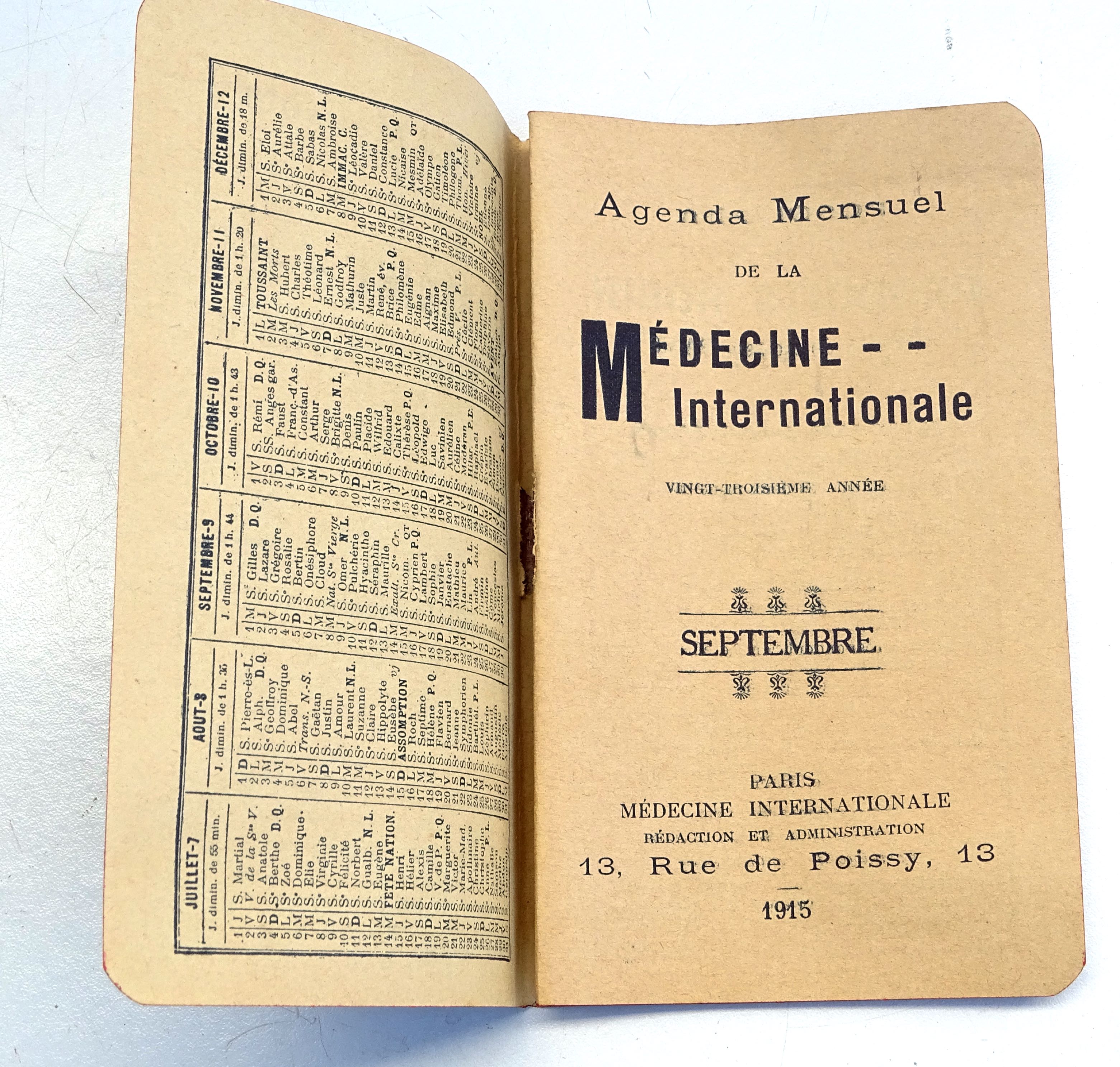 Agenda mensuel de la m&eacute;decine Internationale. Septembre 1915