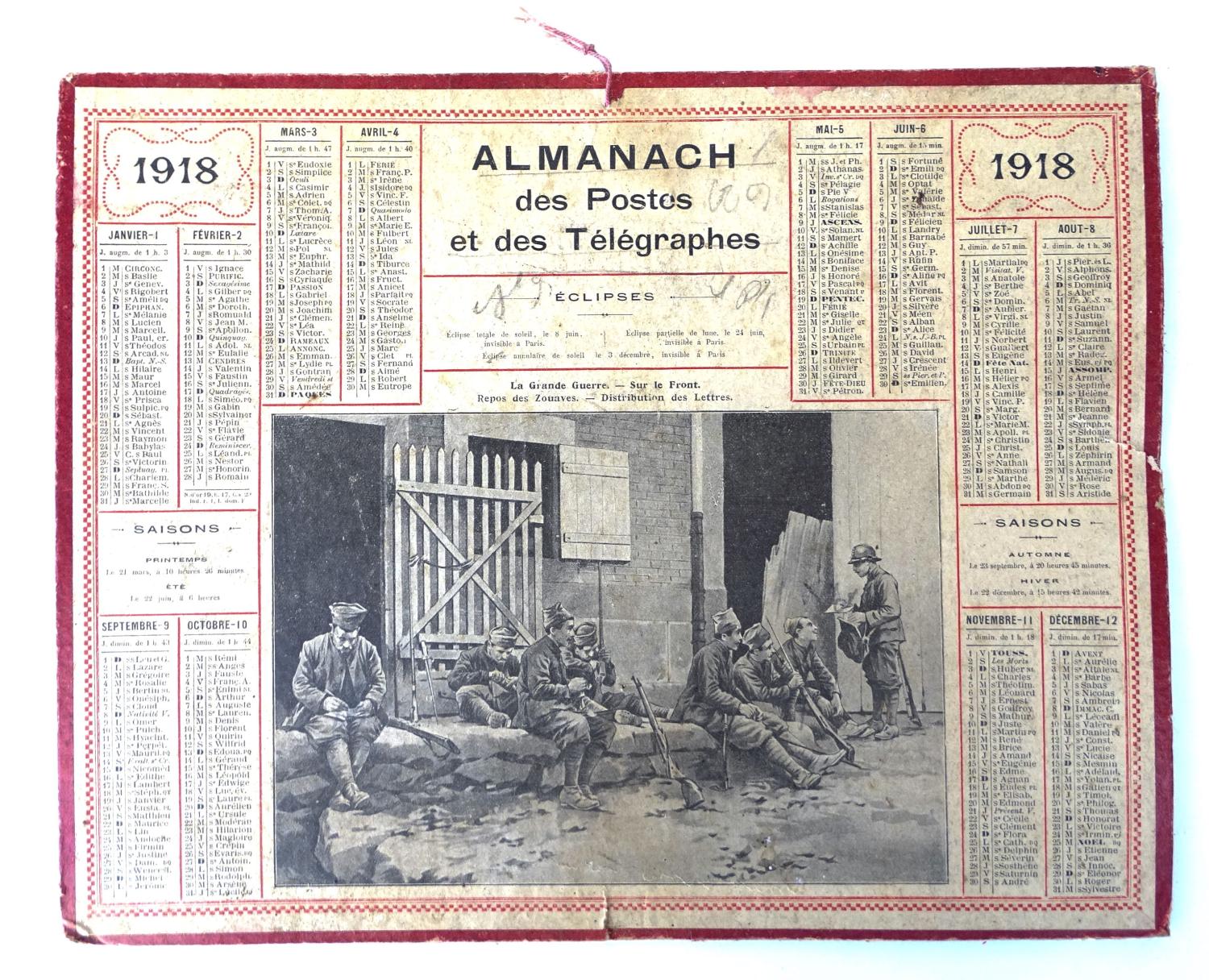 Almanach des Postes et des T&eacute;l&eacute;graphes  1918 Repos des Zouaves