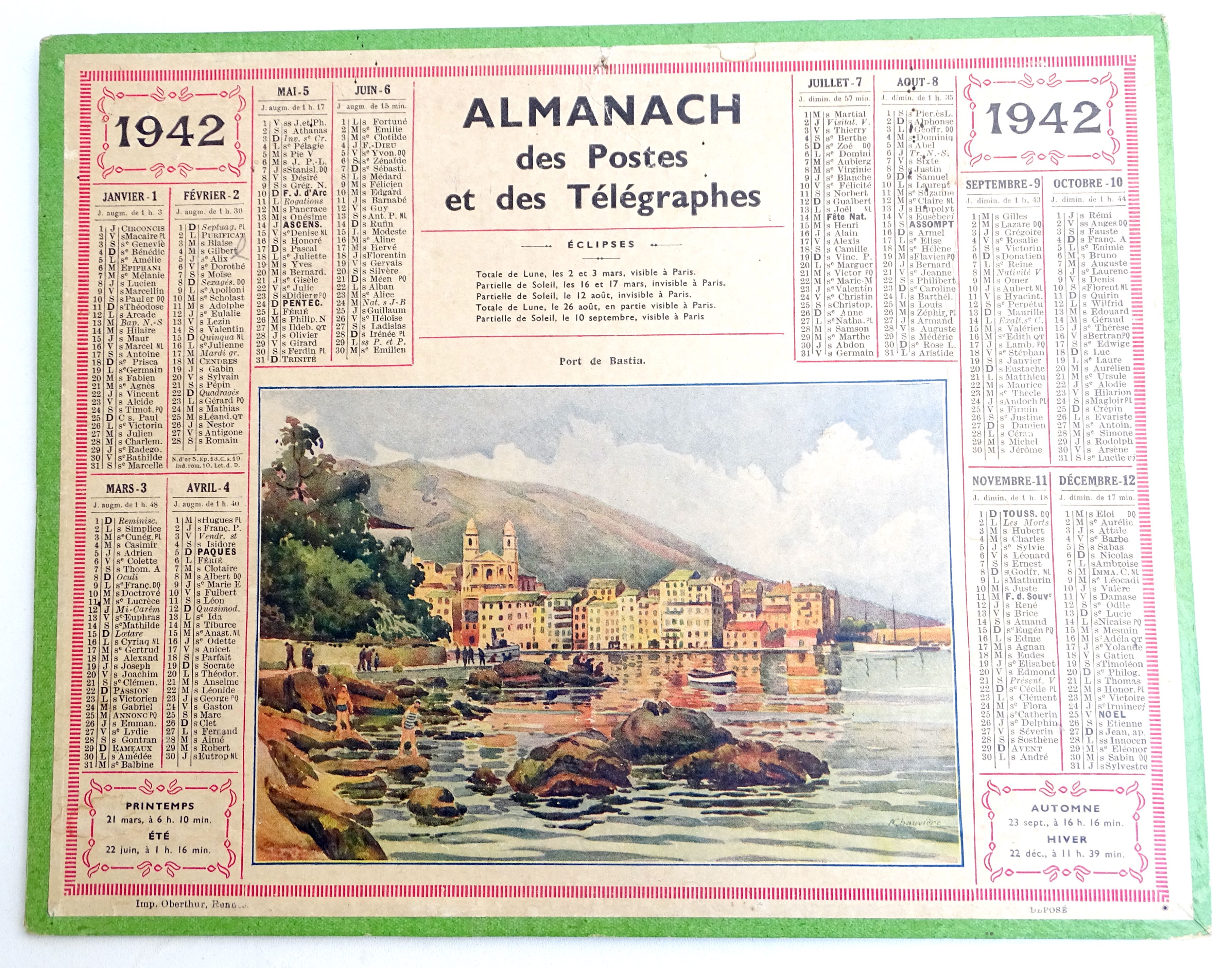 Almanach des Postes et des T&eacute;l&eacute;graphes 1942 Port de Bastia