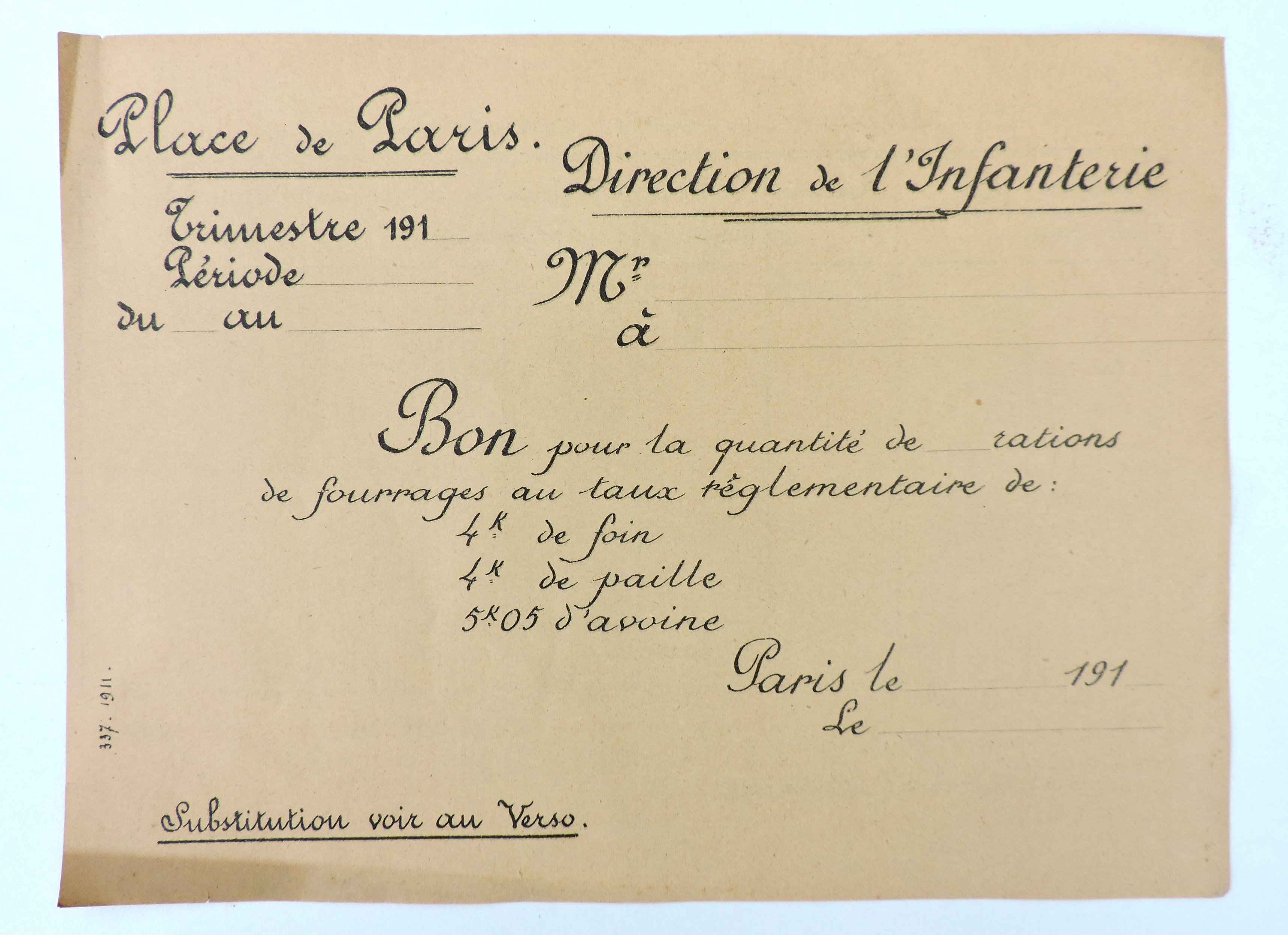 Bon pour rations de fourrage Place de Paris vers 1910
