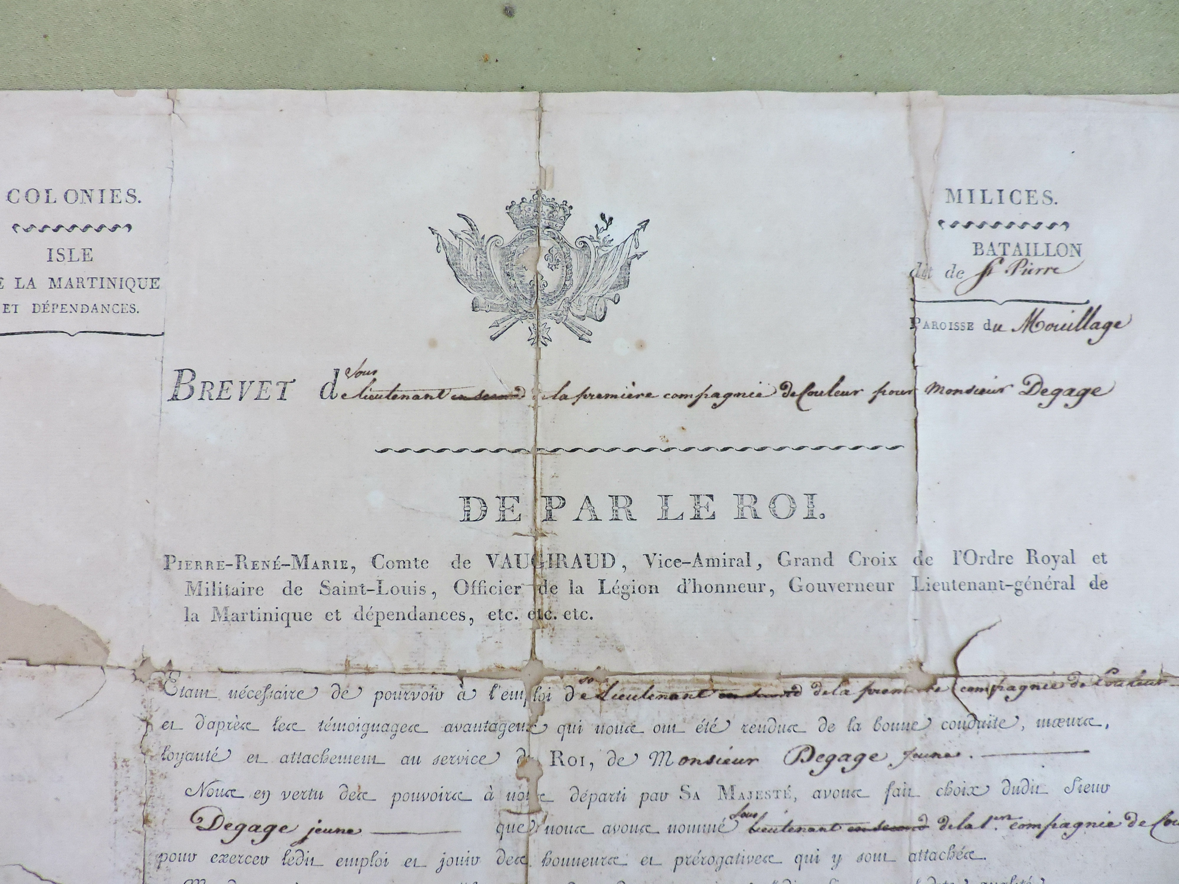 Brevet de Sous-Lieutenant 1&deg; Compagnie de Couleur La Martinique 1815   Comte de Vaugiraud   Restauration