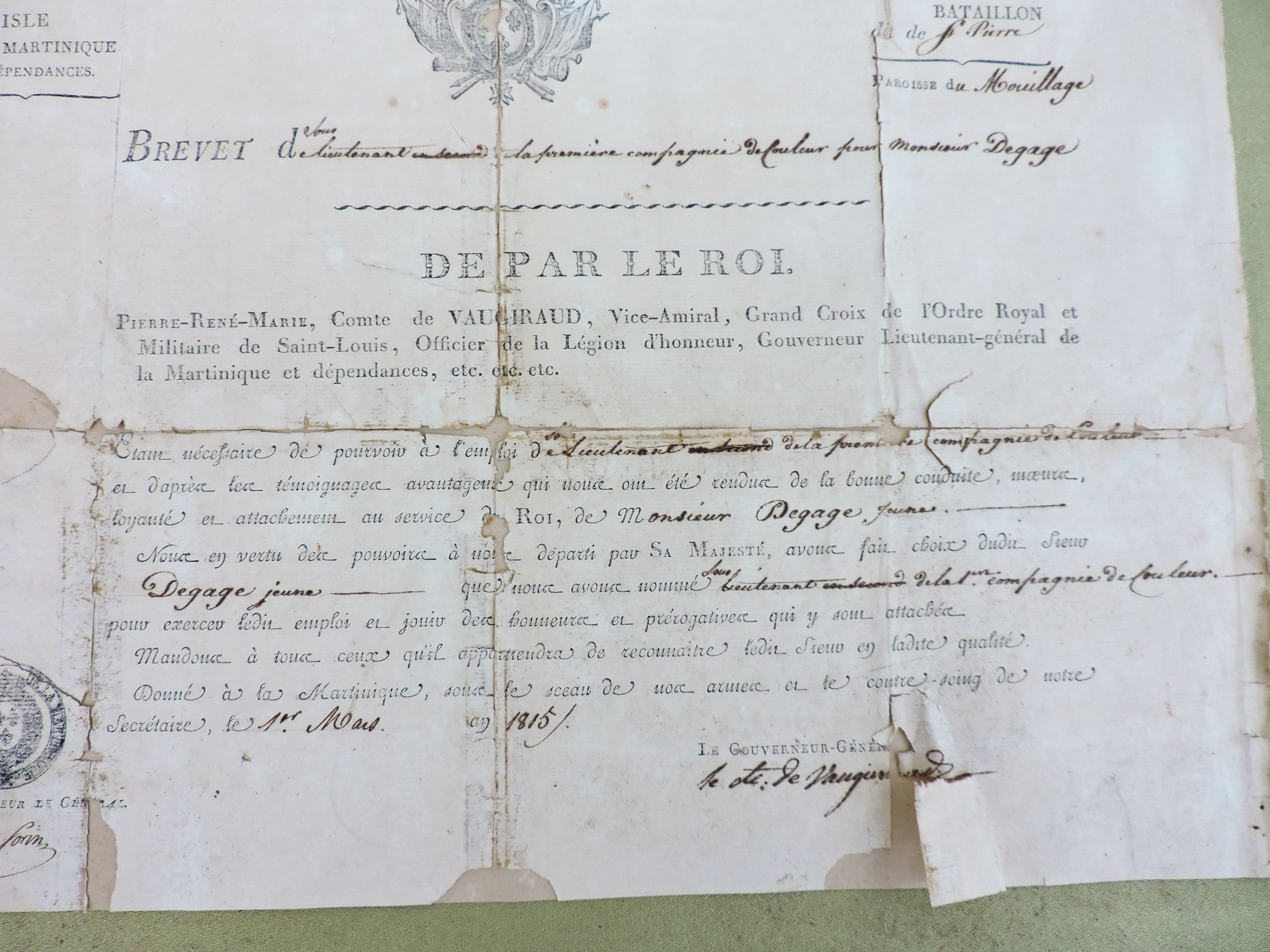Brevet de Sous-Lieutenant 1&deg; Compagnie de Couleur La Martinique 1815   Comte de Vaugiraud   Restauration