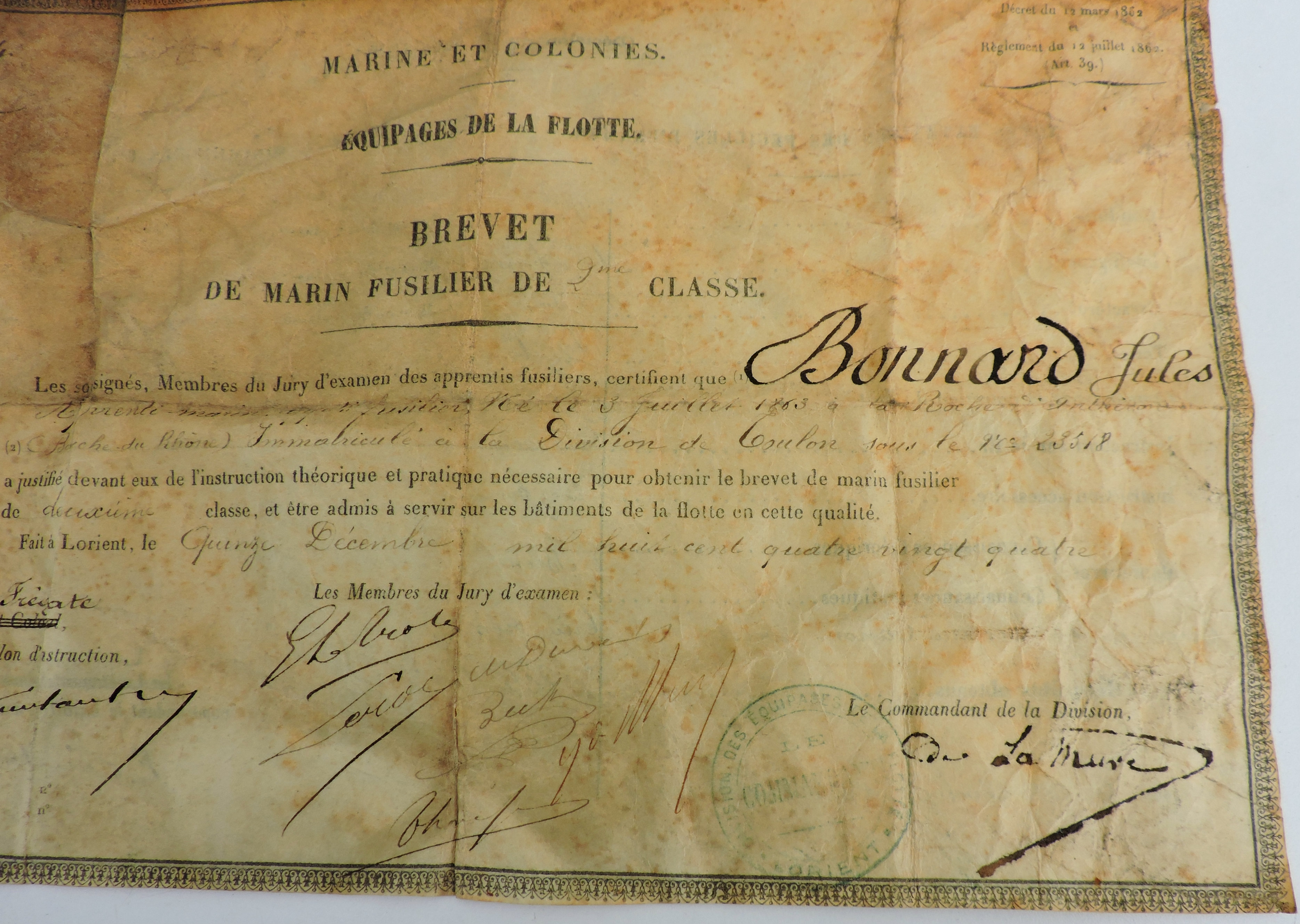 Brevet sur velin de Marin Fusilier de 2&deg; Classe 1884