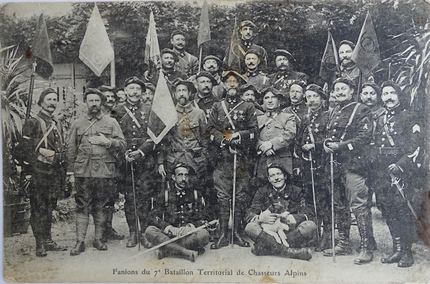CPA  Fanions du 7&deg; Bataillon Territorial de Chasseurs Alpins 1918