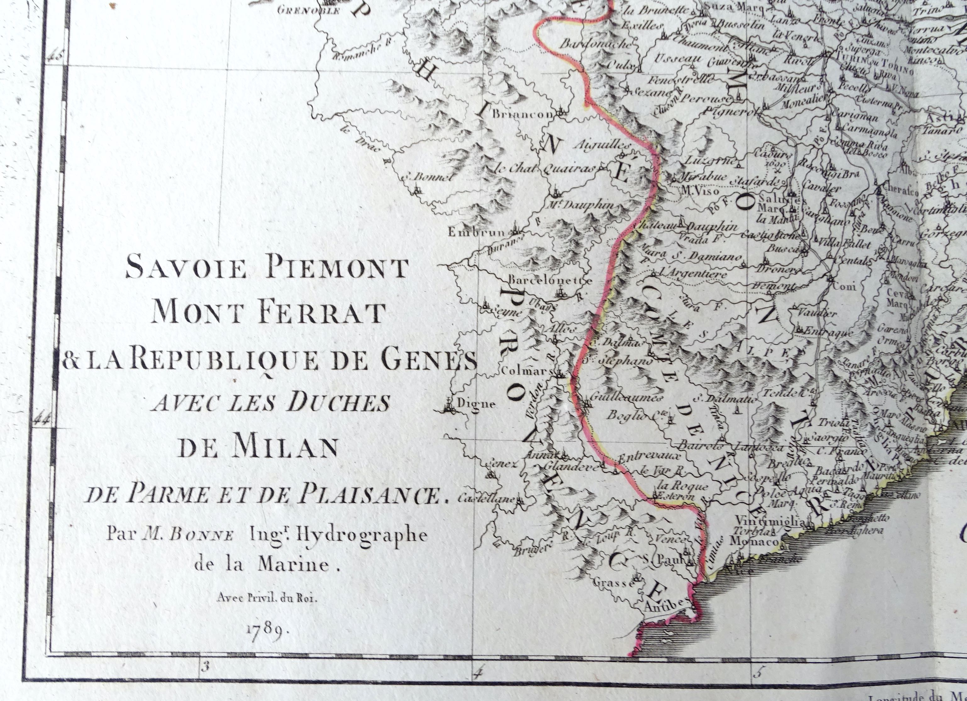 Carte ancienne  Savoie, Pi&eacute;mont, Mont ferrat, R&eacute;publique de G&ecirc;nes ... M.Bonne 1789