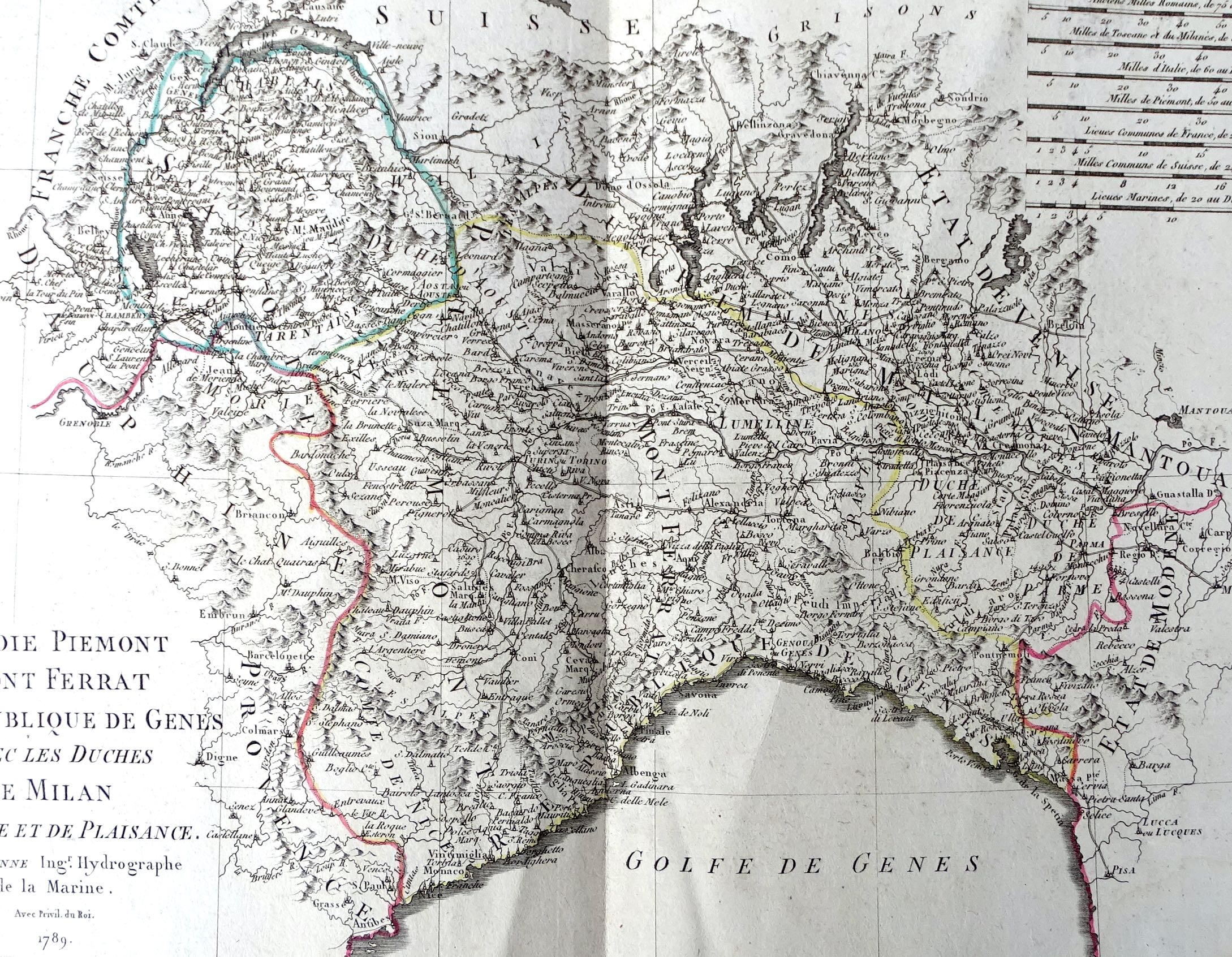 Carte ancienne  Savoie, Pi&eacute;mont, Mont ferrat, R&eacute;publique de G&ecirc;nes ... M.Bonne 1789
