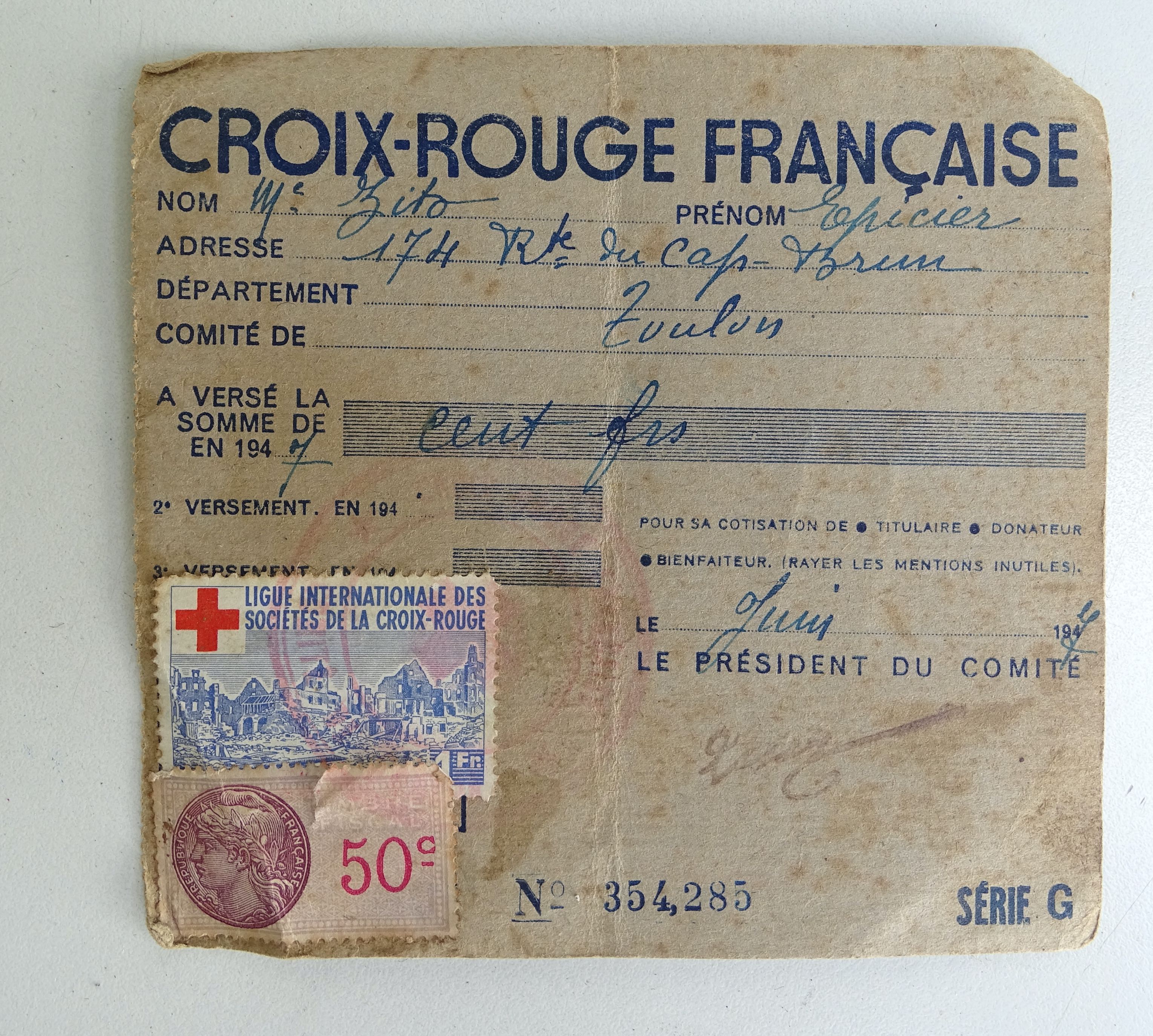 Carte d&#039;adh&eacute;rent &agrave; la Croix Rouge fran&ccedil;aise 1947