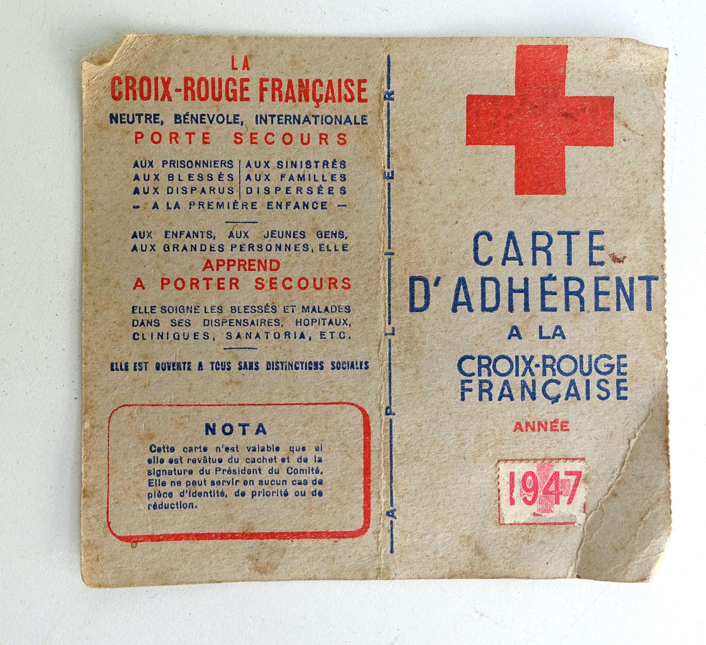 Carte d&#039;adh&eacute;rent &agrave; la Croix Rouge fran&ccedil;aise 1947