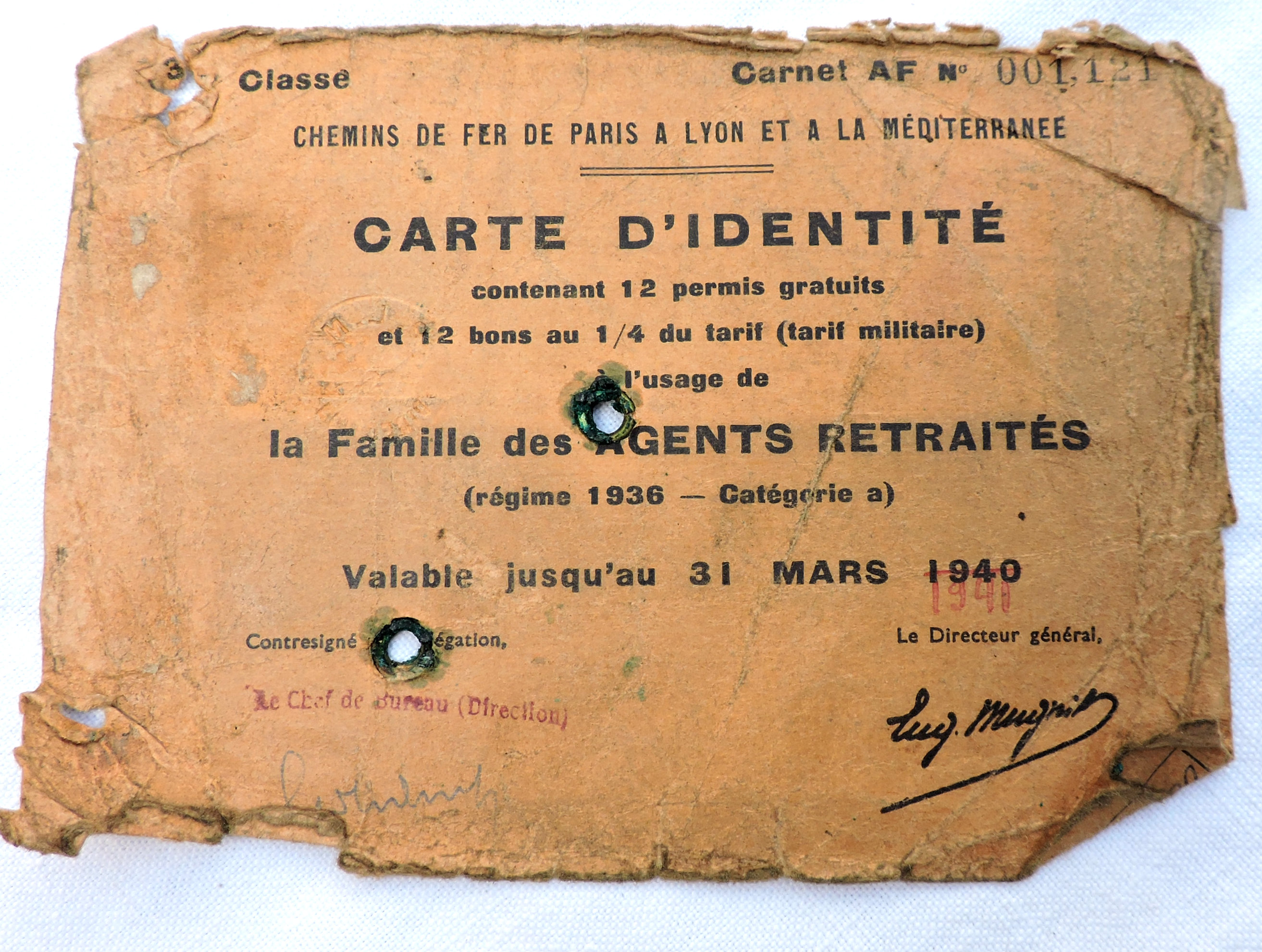 Carte d&#039;identit&eacute; famille des agents retrait&eacute;s du PLM 1940