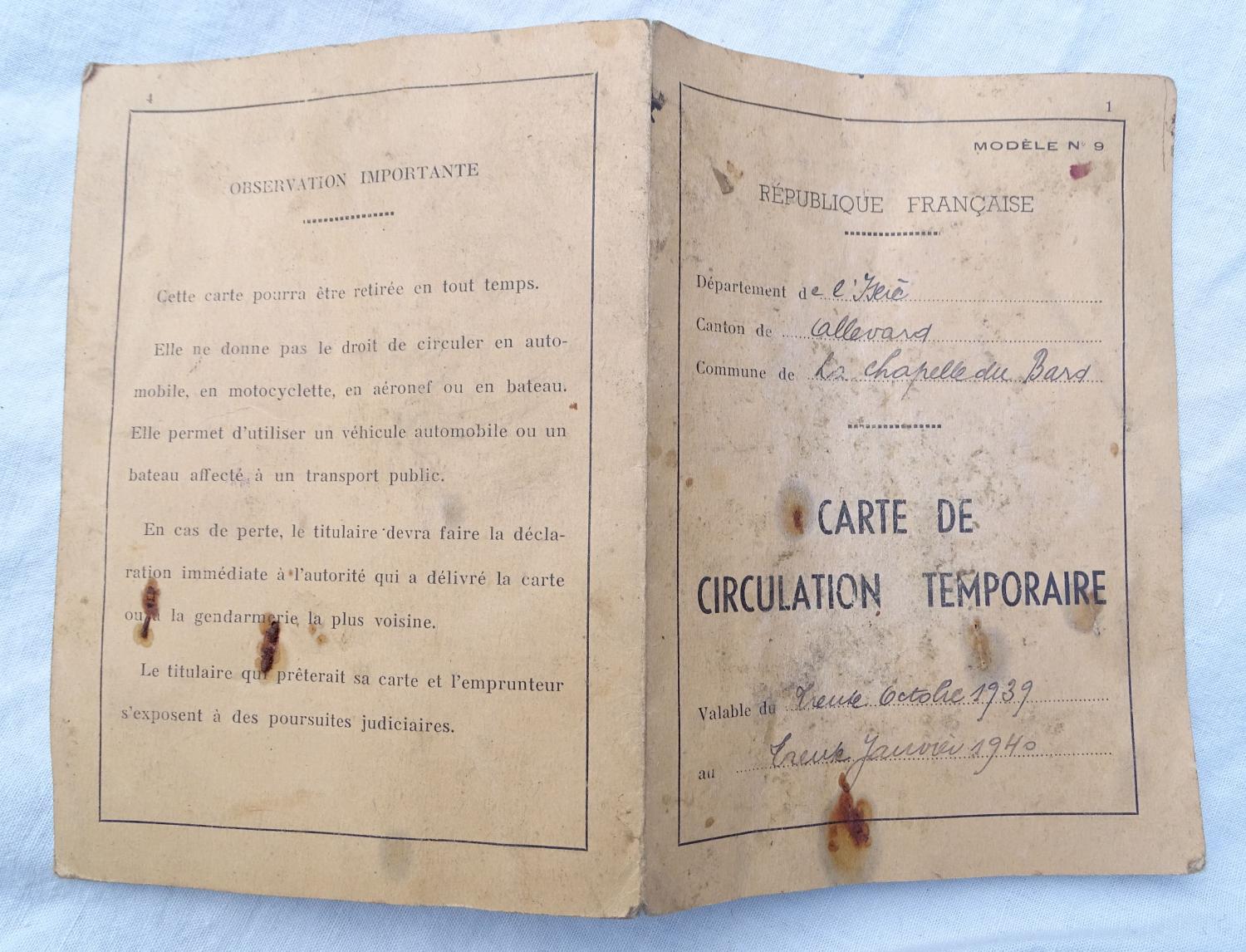 Carte de Circuation Temporaire  1939-1940 Isère