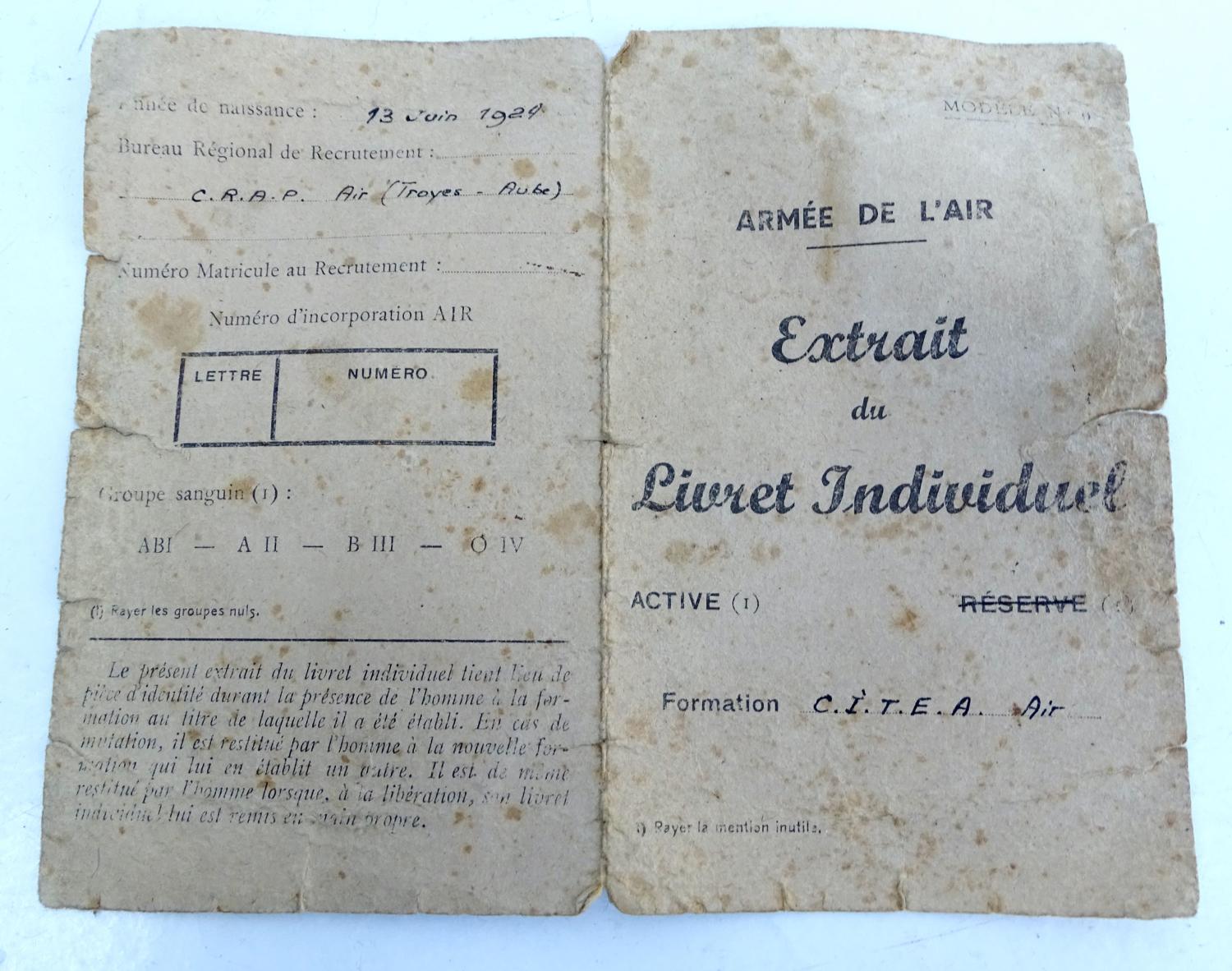 Carte identit&eacute; Arm&eacute;e de l&#039;Air 1945
