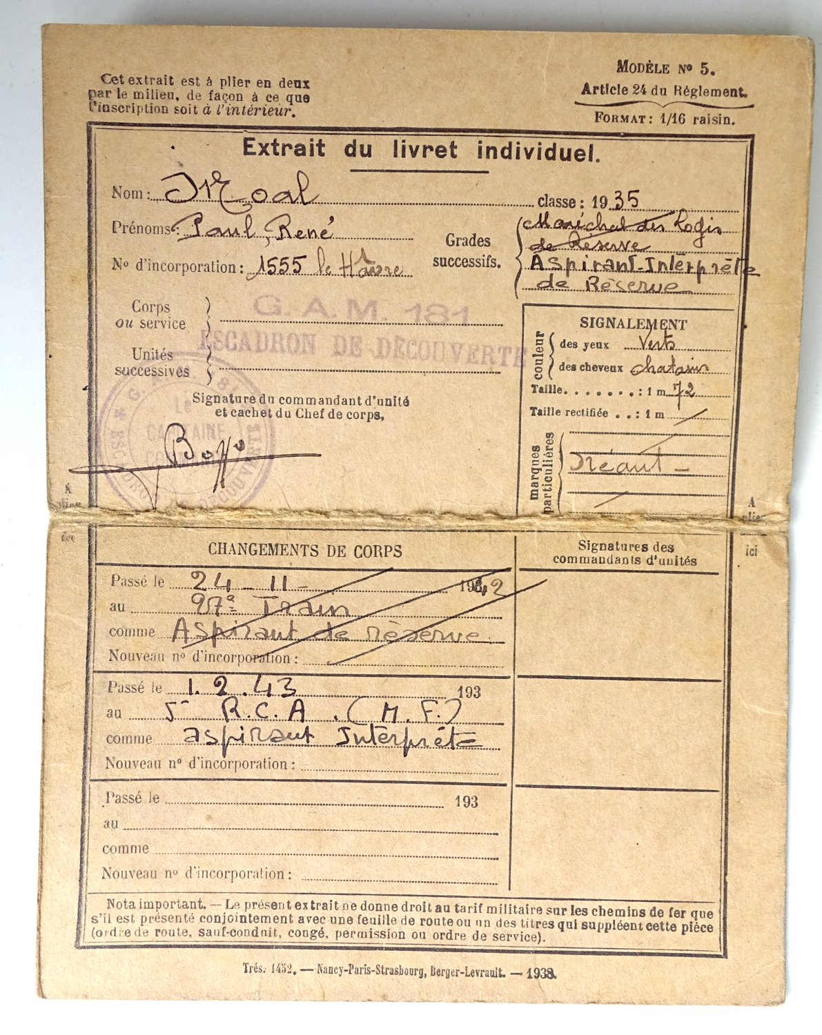 Carte militaire, extrait du livret individuel Aspirant 181&deg; GRDI G.A.M. 181. 5&deg;RCA  1940-1943