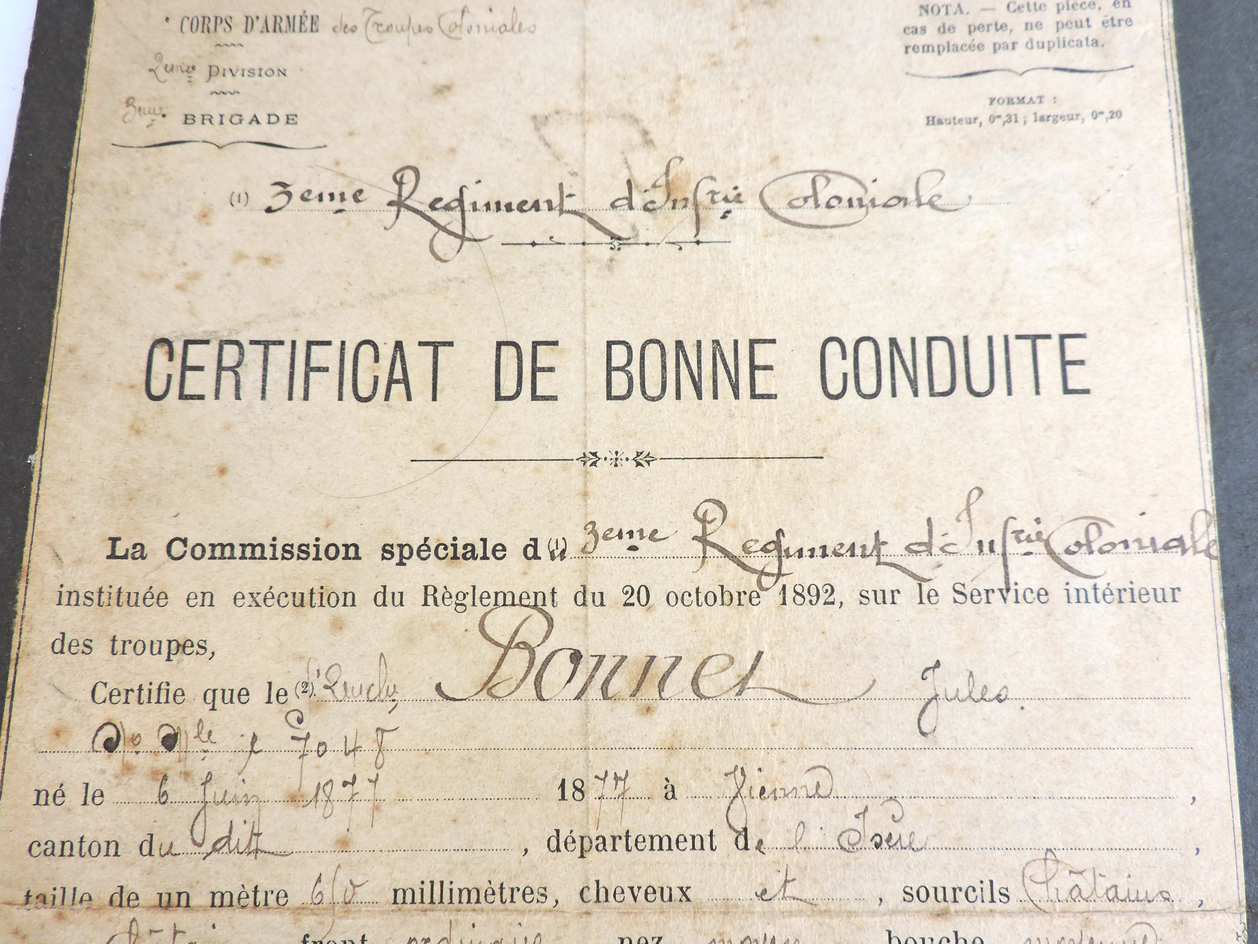 Certificat de Bonne Conduite 3&deg; R&eacute;giment d&#039;Infanterie Coloniale 1901