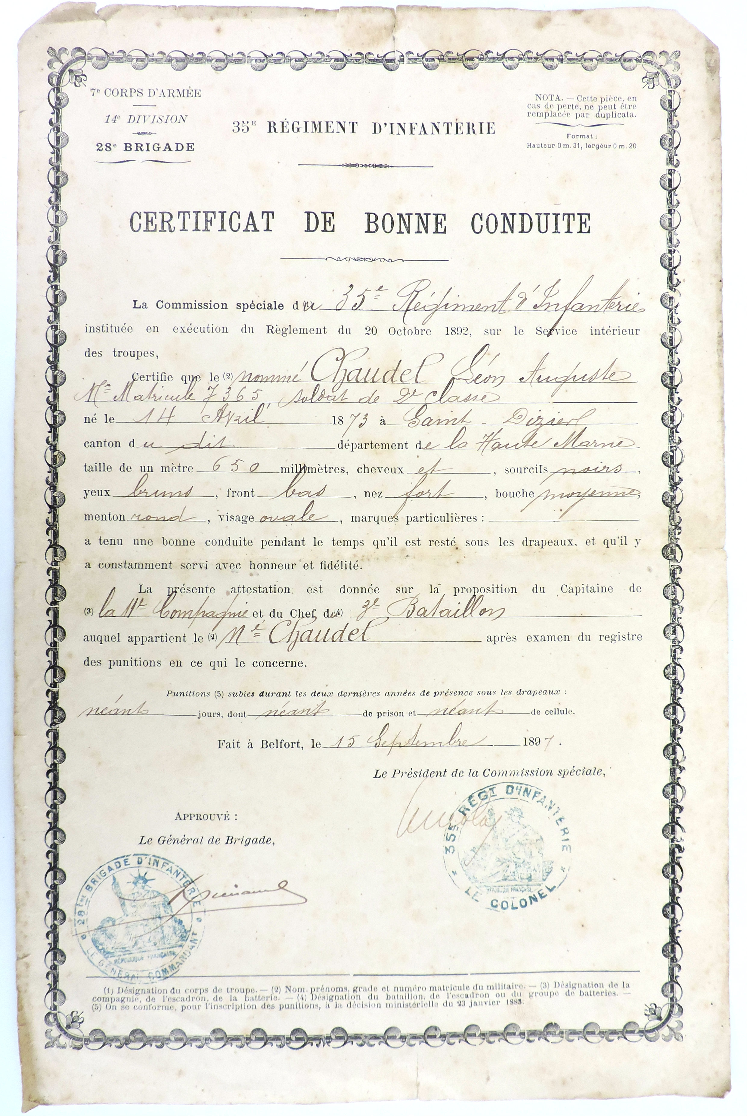 Certificat de Bonne Conduite 35&deg; R&eacute;giment d&#039;Infanterie 1897 Belfort