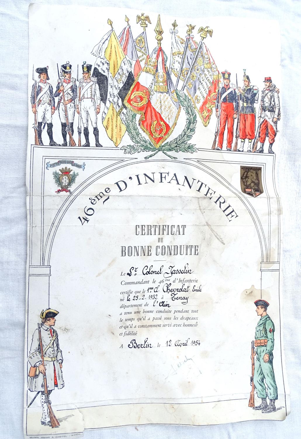 Certificat de Bonne Conduite 46° Régiment d'Infanterie Berlin 1954