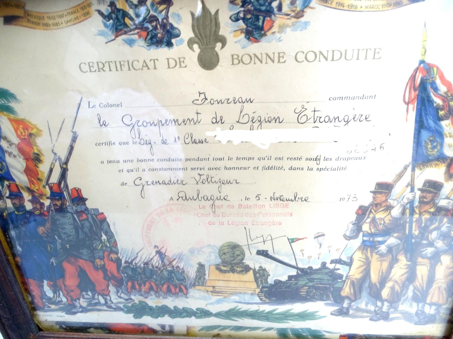 Certificat de Bonne Conduite  Groupement de L&eacute;gion Etrang&egrave;re Aubagne 1973