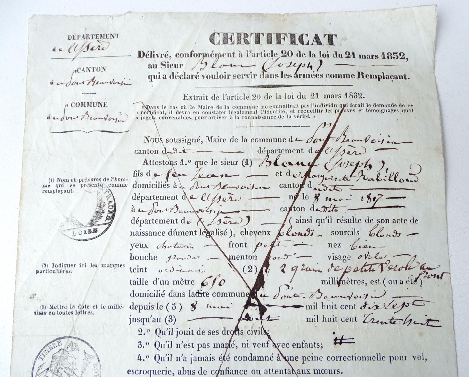 Certificat de rempla&ccedil;ant Conscrit 1838 Pont de Beauvoisin Is&egrave;re.