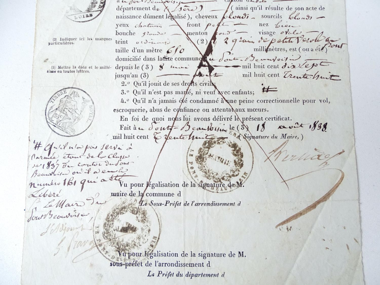 Certificat de rempla&ccedil;ant Conscrit 1838 Pont de Beauvoisin Is&egrave;re.
