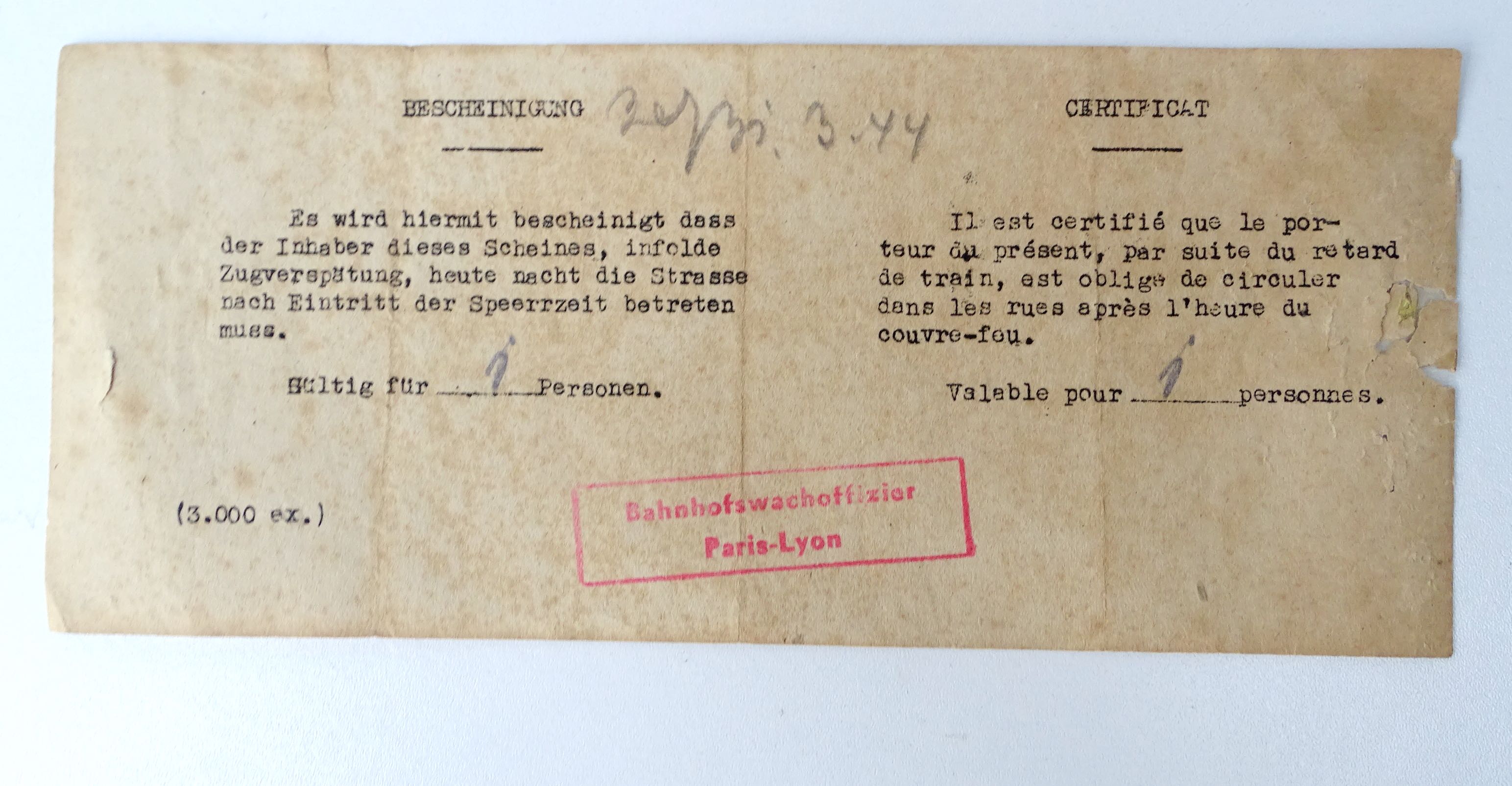 Certificat de circulation Fran&ccedil;ais / Allemand 1944 Bahnofswachoffizier Paris Lyon