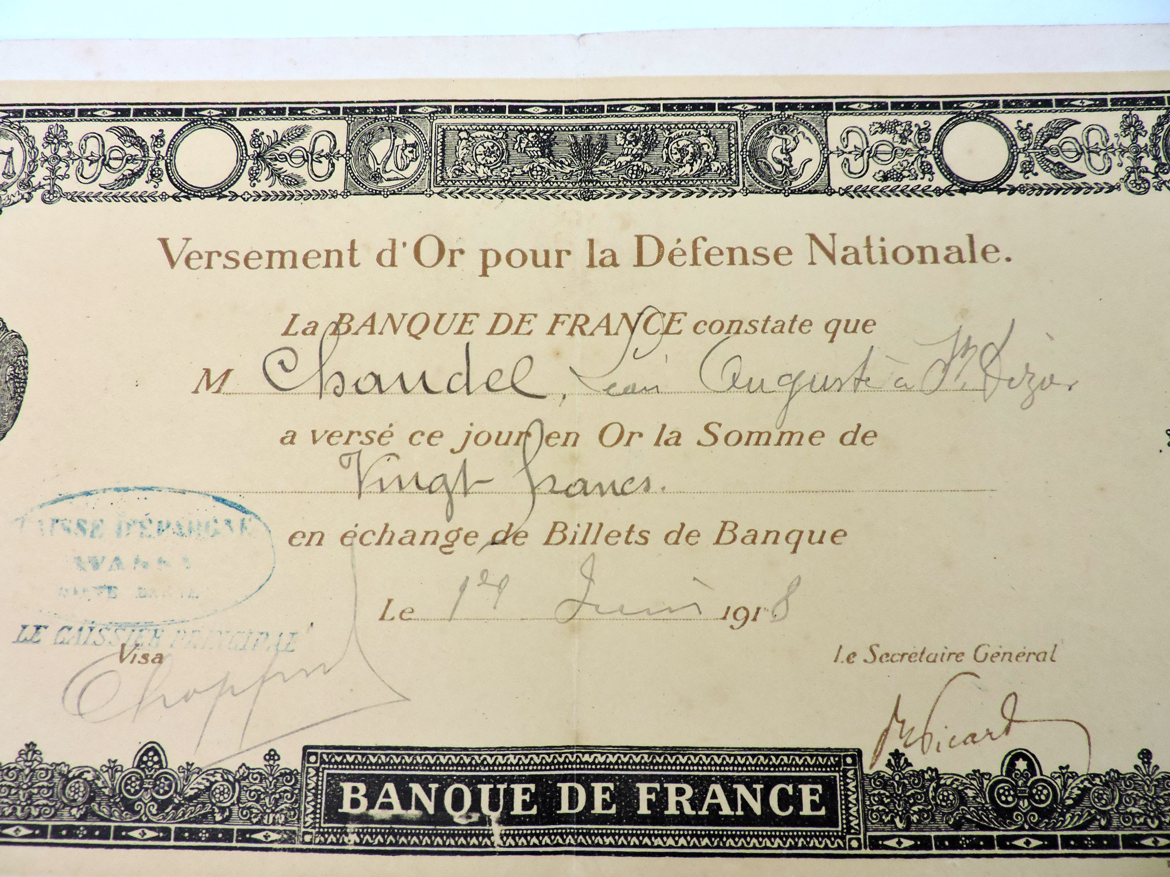 Dipl&ocirc;me Versement or pour la D&eacute;fense Nationale  1918 Banque de France