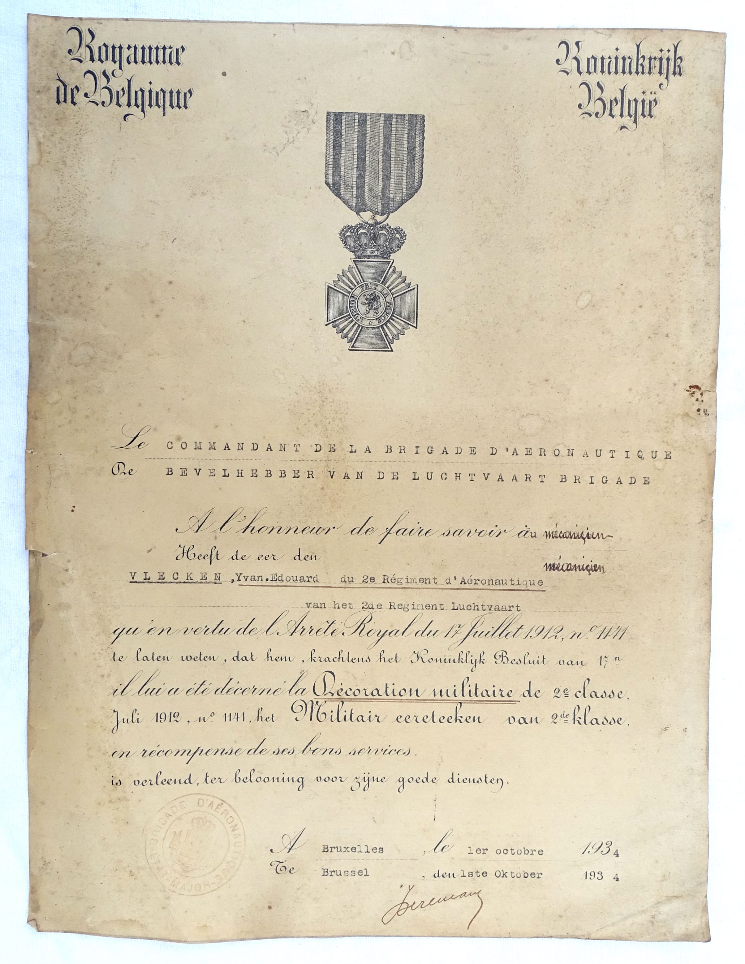 Dipl&ocirc;me D&eacute;coration militaire de 2&egrave;me Classe Royaume de Belgique A&eacute;ronautique 1934