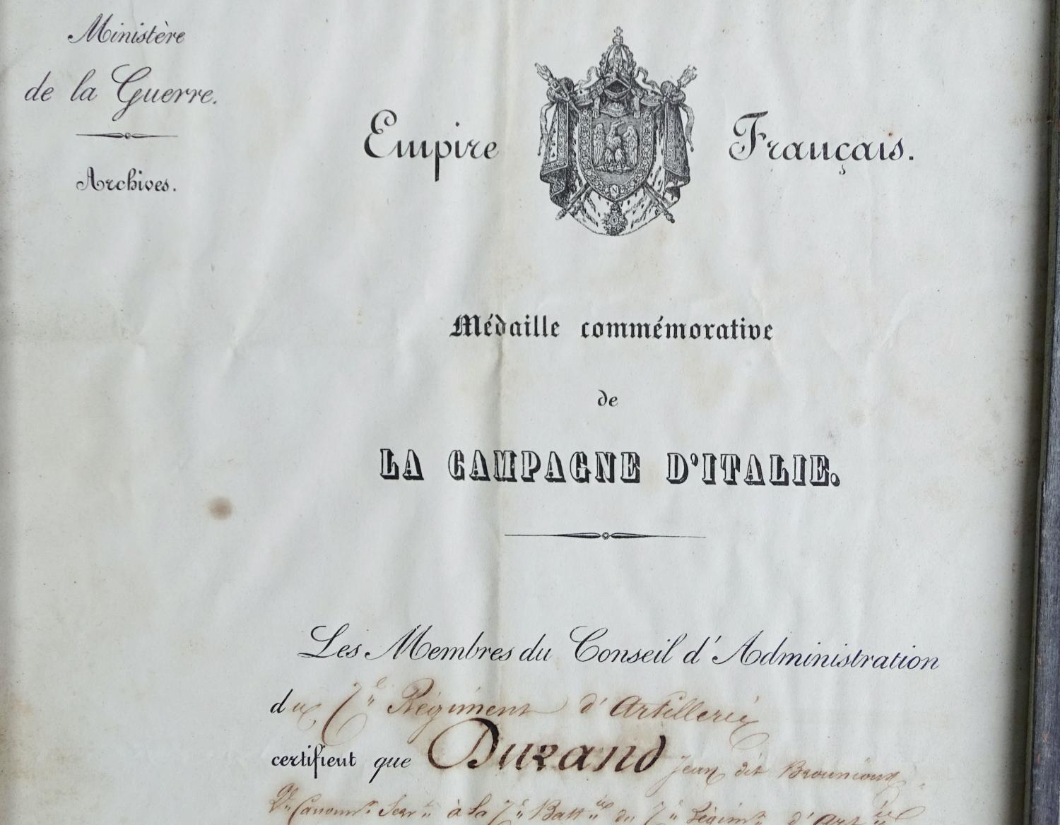 Dipl&ocirc;me de la M&eacute;daille de la Campagne d&#039;Italie 1859  7&deg; R&eacute;giment d&#039;artillerie Strasbourg