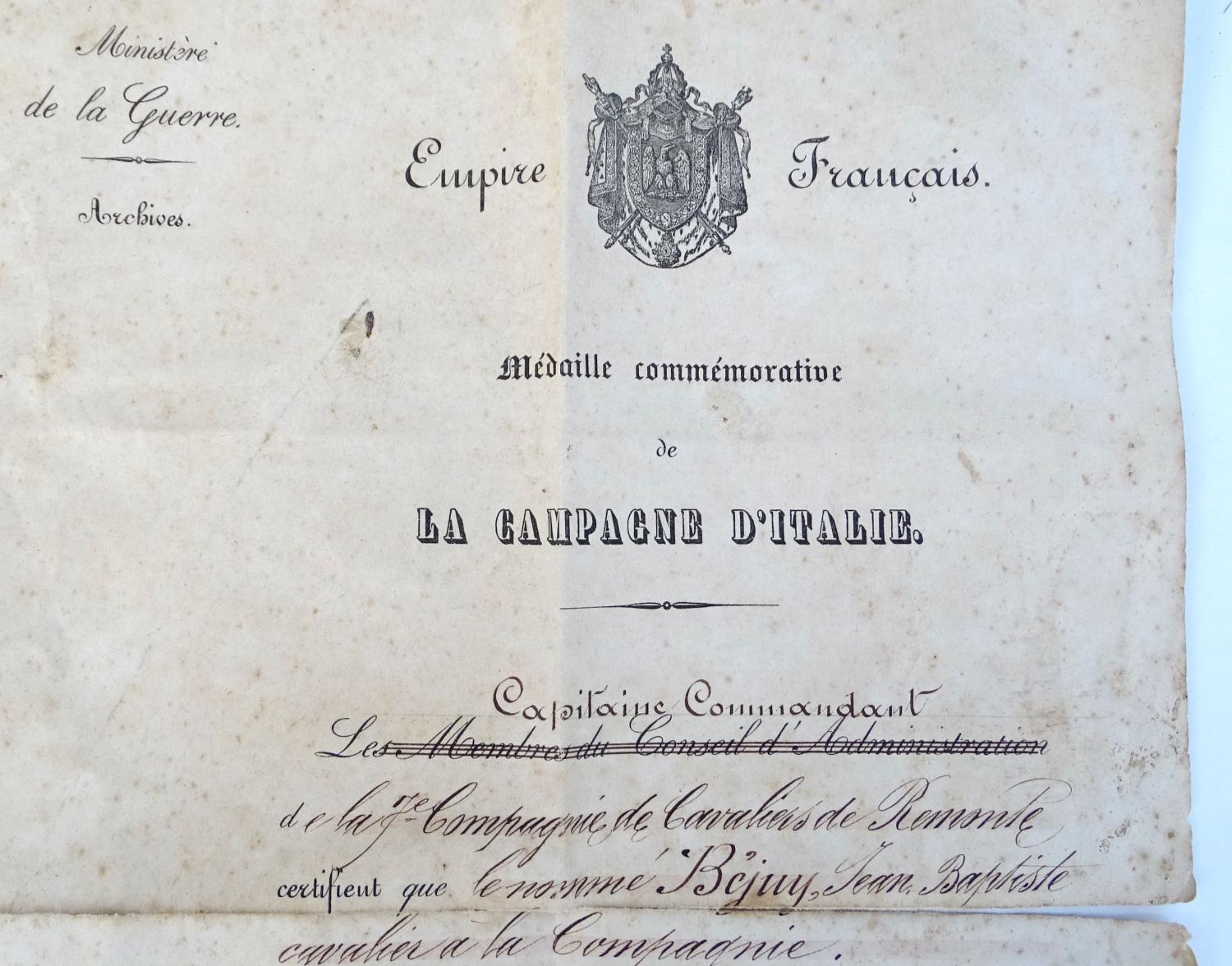 Dipl&ocirc;me et m&eacute;daille d&#039;Italie  7&egrave;me Compagnie de Cavaliers de Remonte  1859