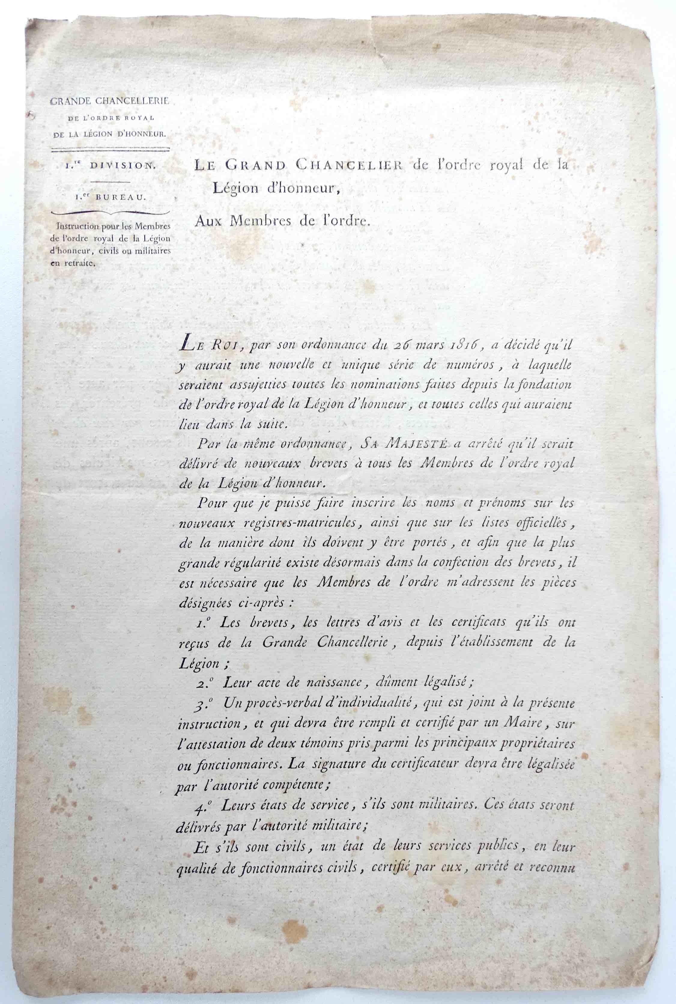 Document Ordre Royal de la L&eacute;gion d&#039;honneur 26 mars 1816 Attribution des brevets