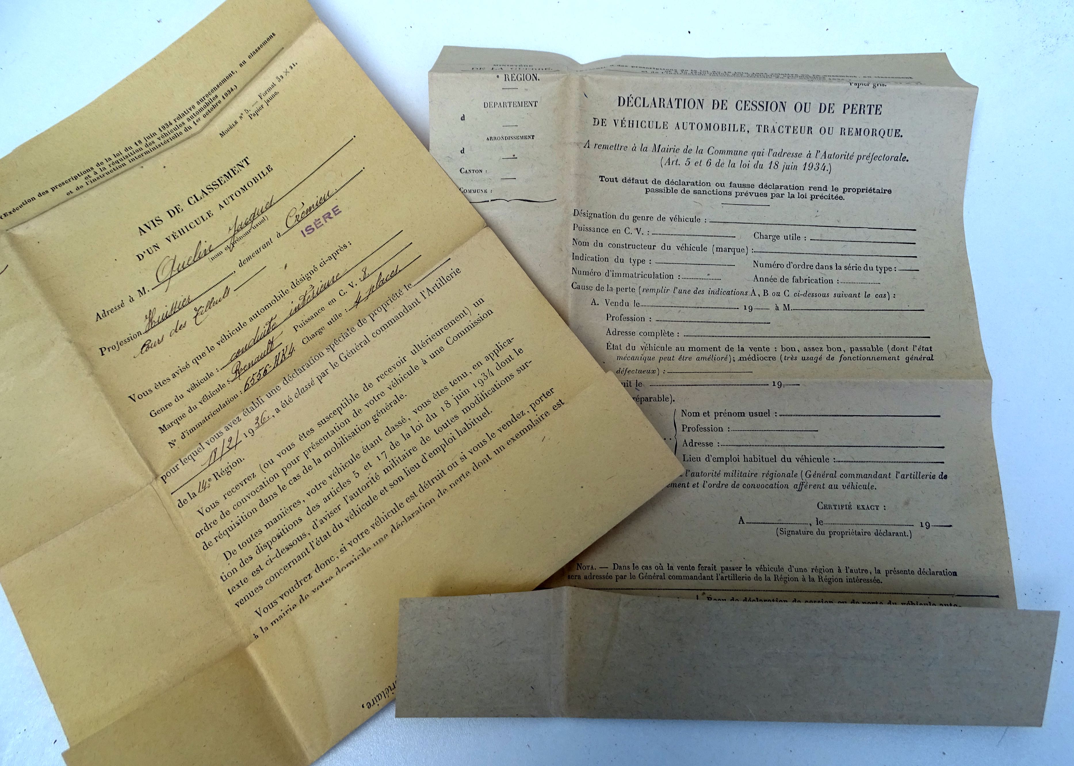 Documents pour classement de v&eacute;hicule de r&eacute;quisition. 1936 - 14 &egrave;me R&eacute;gion Militaire.