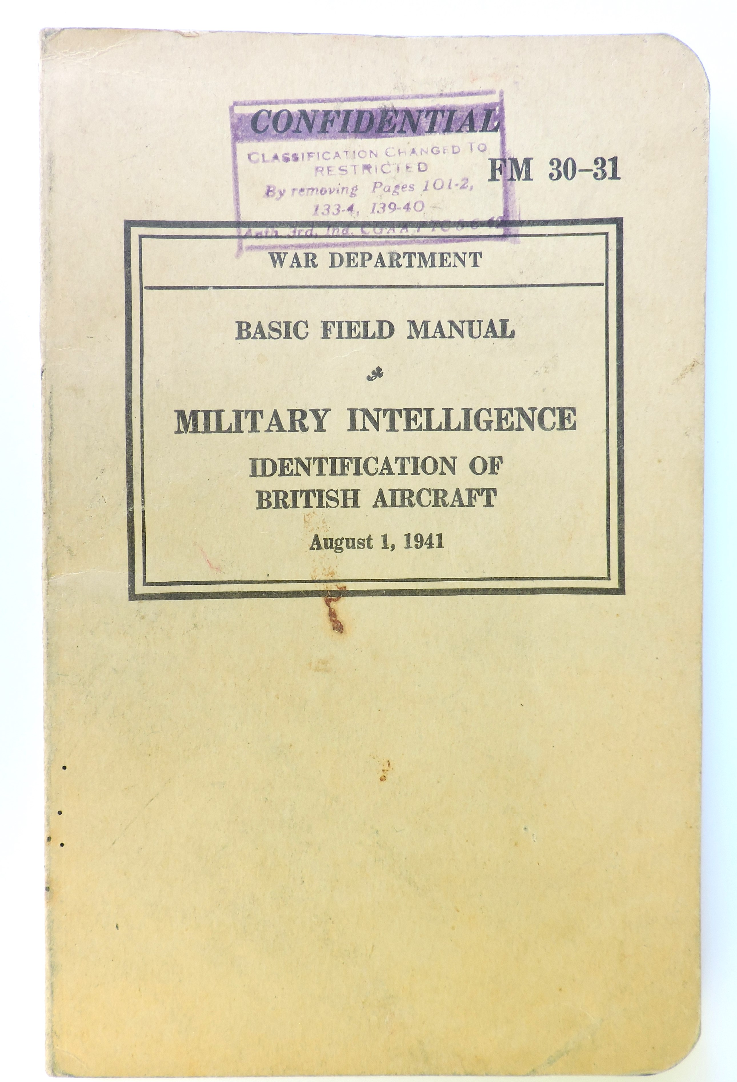 FM 30-31 Military intelligence Identification of British aircraft 1941