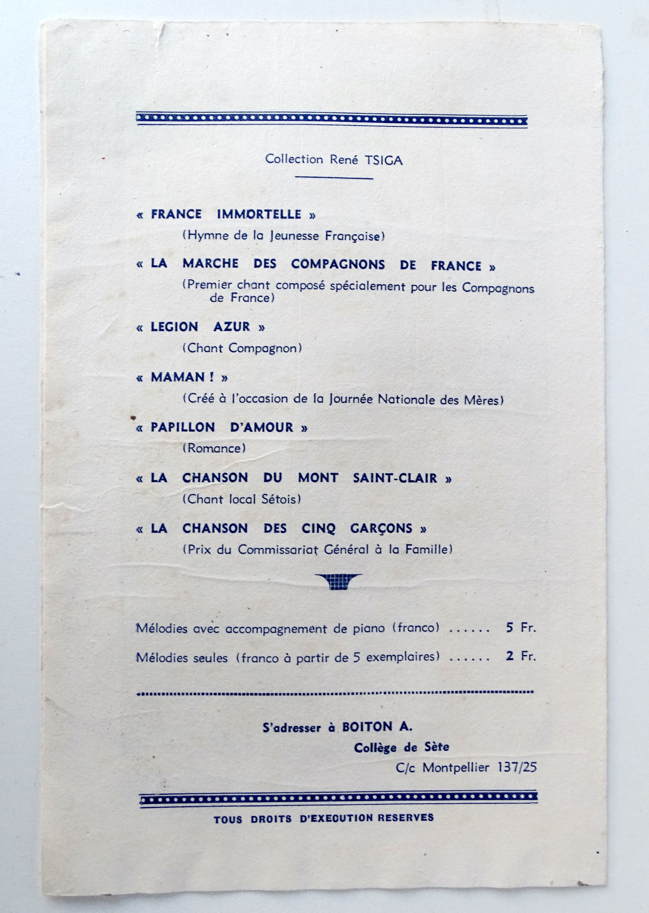 Paroles et musique L&eacute;gion Azur Compagnons de France 1941-1944