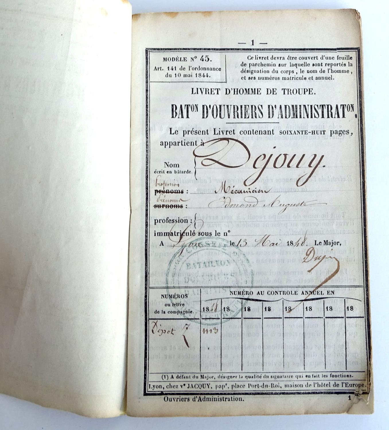 Livret militaire Deuxi&egrave;me R&eacute;publique 1848  Ouvrier d&#039;Administration