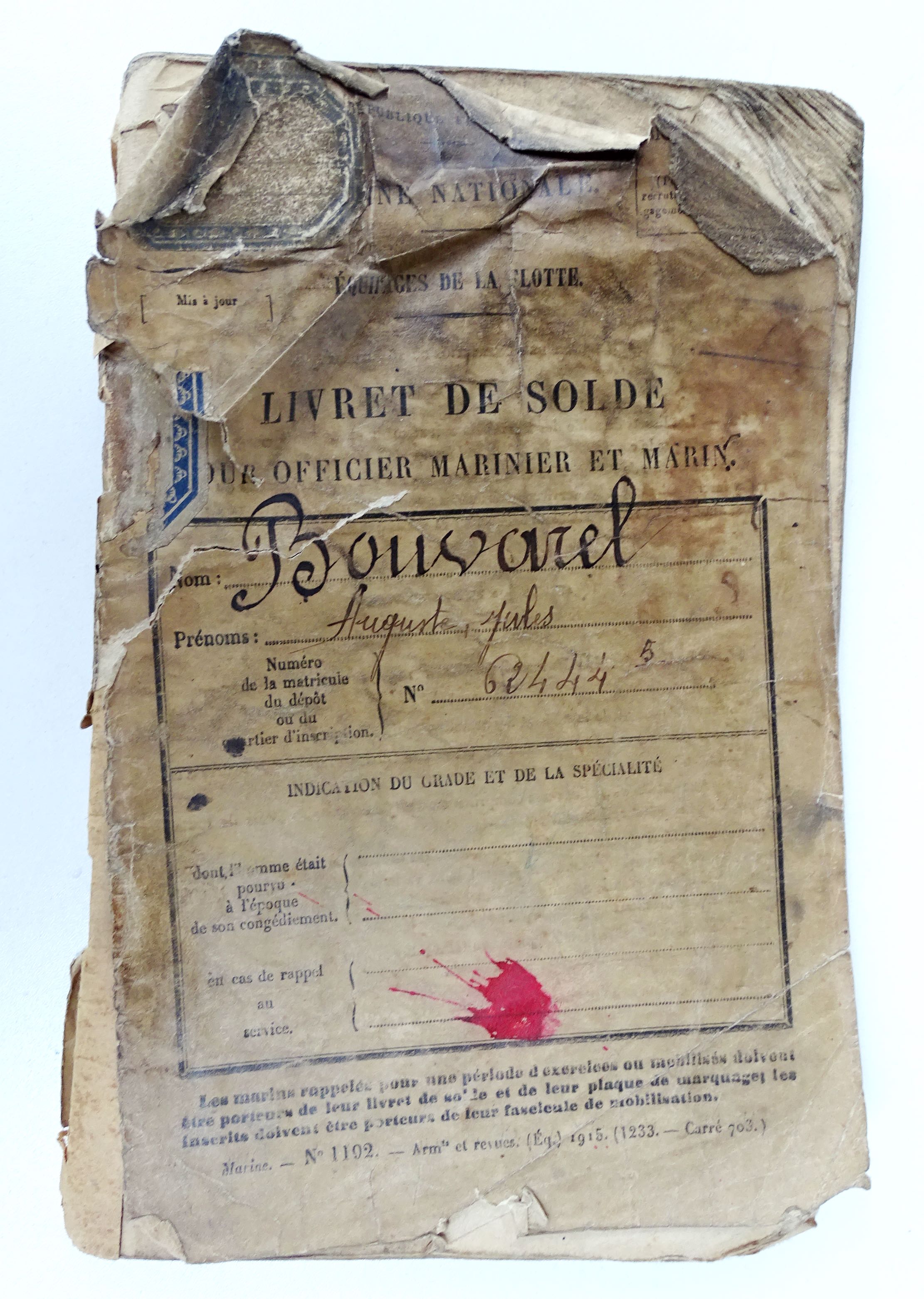 Livret militaire et livret de solde d&#039;un marin fran&ccedil;ais Classe 1917