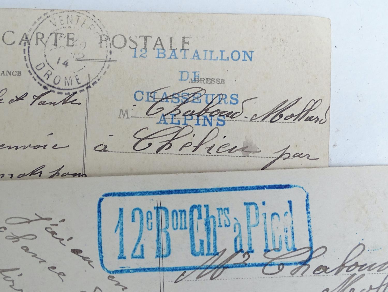 Lot de deux Cartes Postales Tampons du 12&deg; Bataillon Chasseurs Alpins, 1914