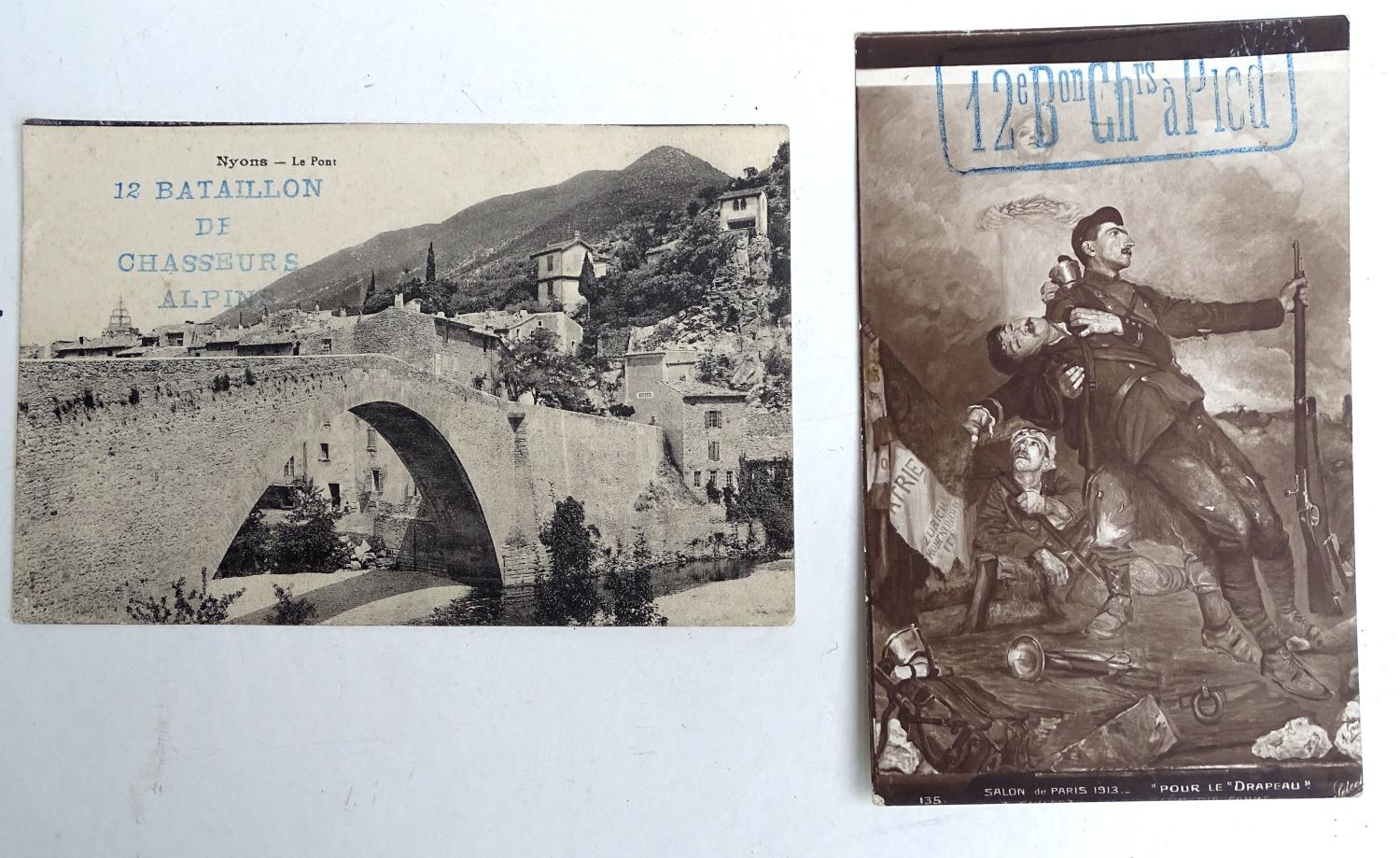 Lot de deux Cartes Postales Tampons du 12&deg; Bataillon Chasseurs Alpins. 1914