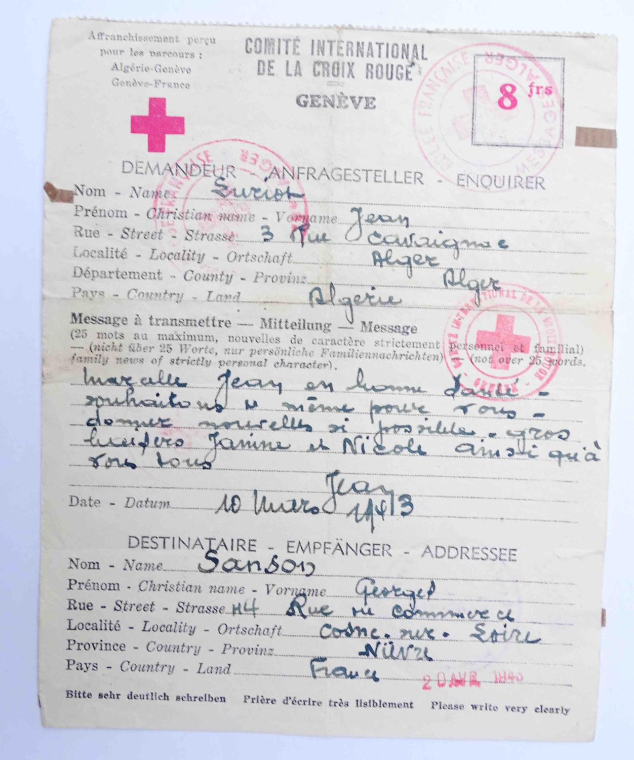 Lot de deux lettres de la Croix-Rouge  1943 Alg&eacute;rie -France Occup&eacute;e