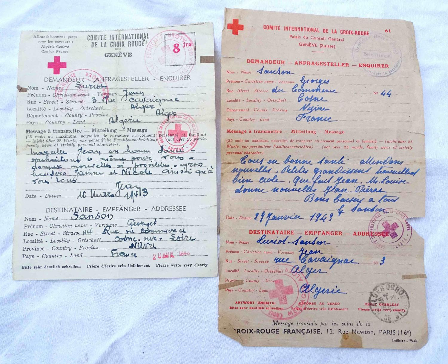 Lot de deux lettres de la Croix-Rouge  1943 Algérie -France Occupée