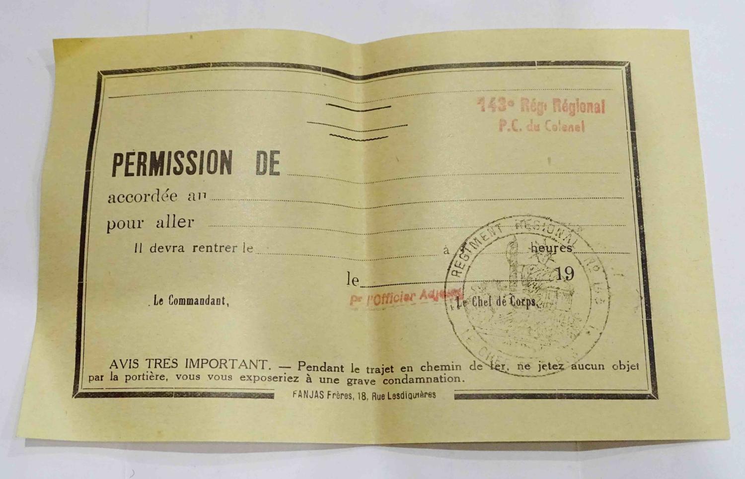 Permission vierge du  143&egrave;me r&eacute;giment R&eacute;gional ( Grenoble, Arm&eacute;e des Alpes 1940).