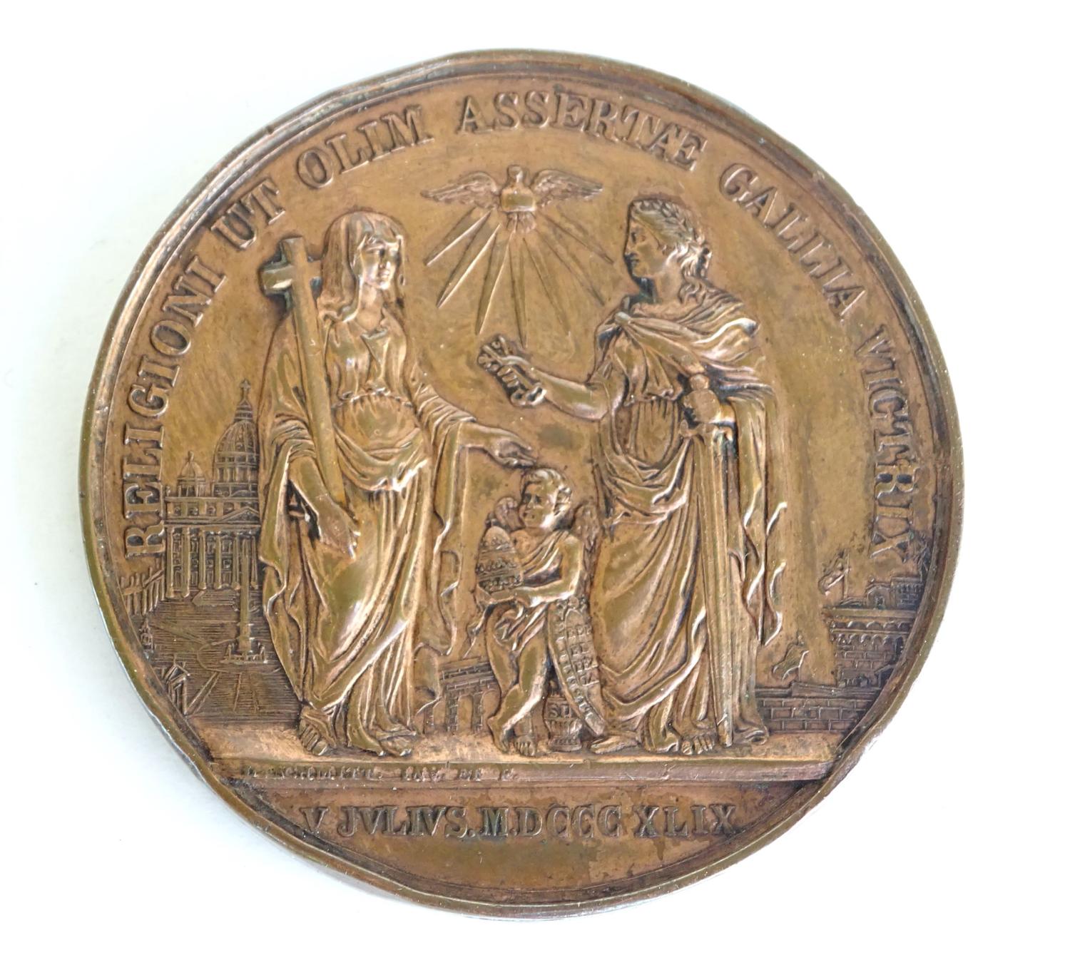 M&eacute;daille en cuivre 1849 Exp&eacute;dition de Rome Pius IX  Religioni ut olim assertae gallia victrix  L. Schmitt