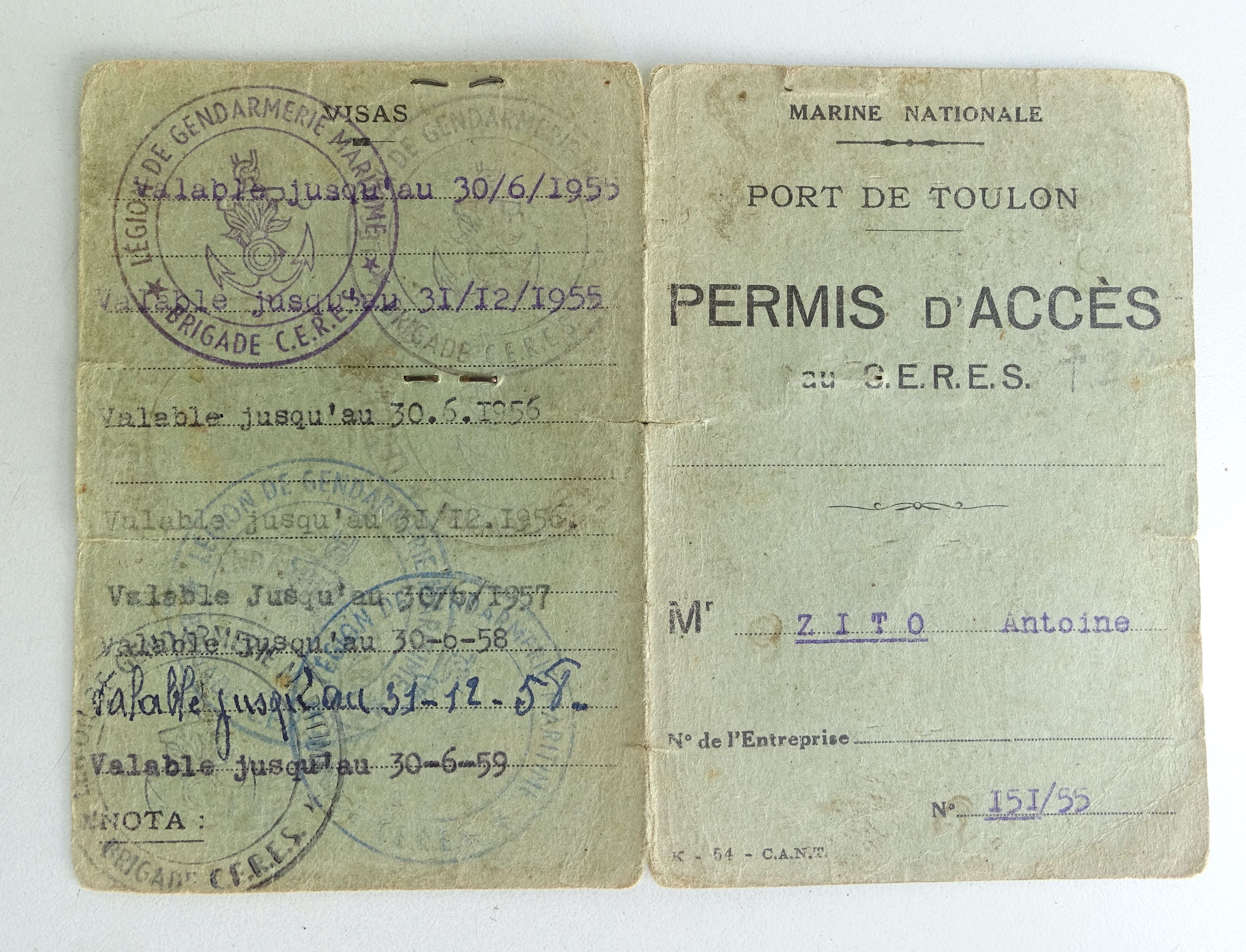 Permis d&#039;acc&egrave;s au C.E.R.E.S. Port de Toulon  1955