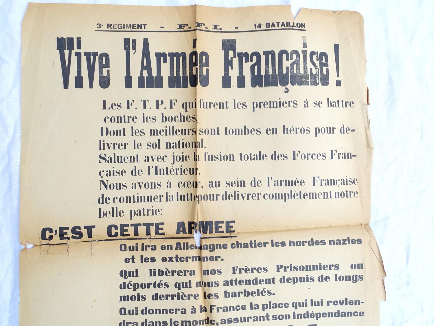 Rare affiche recrutement Gironde 3&egrave;me R&eacute;giment FFI 14&egrave;me bataillon FTPF  Coutras 1944