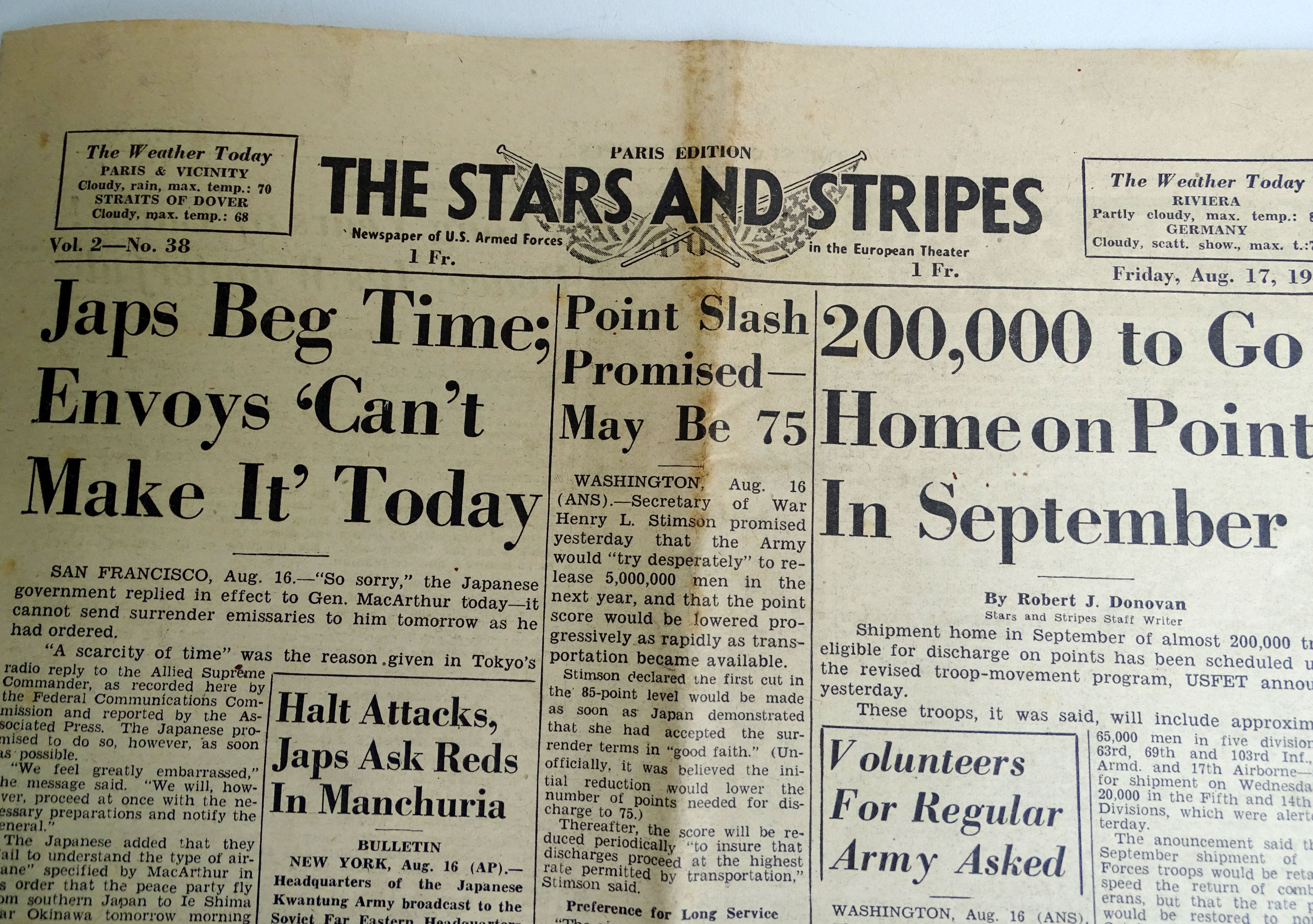 The Stars and Stripes  Paris edition  17 ao&ucirc;t 1945 Capitulation  du Japon