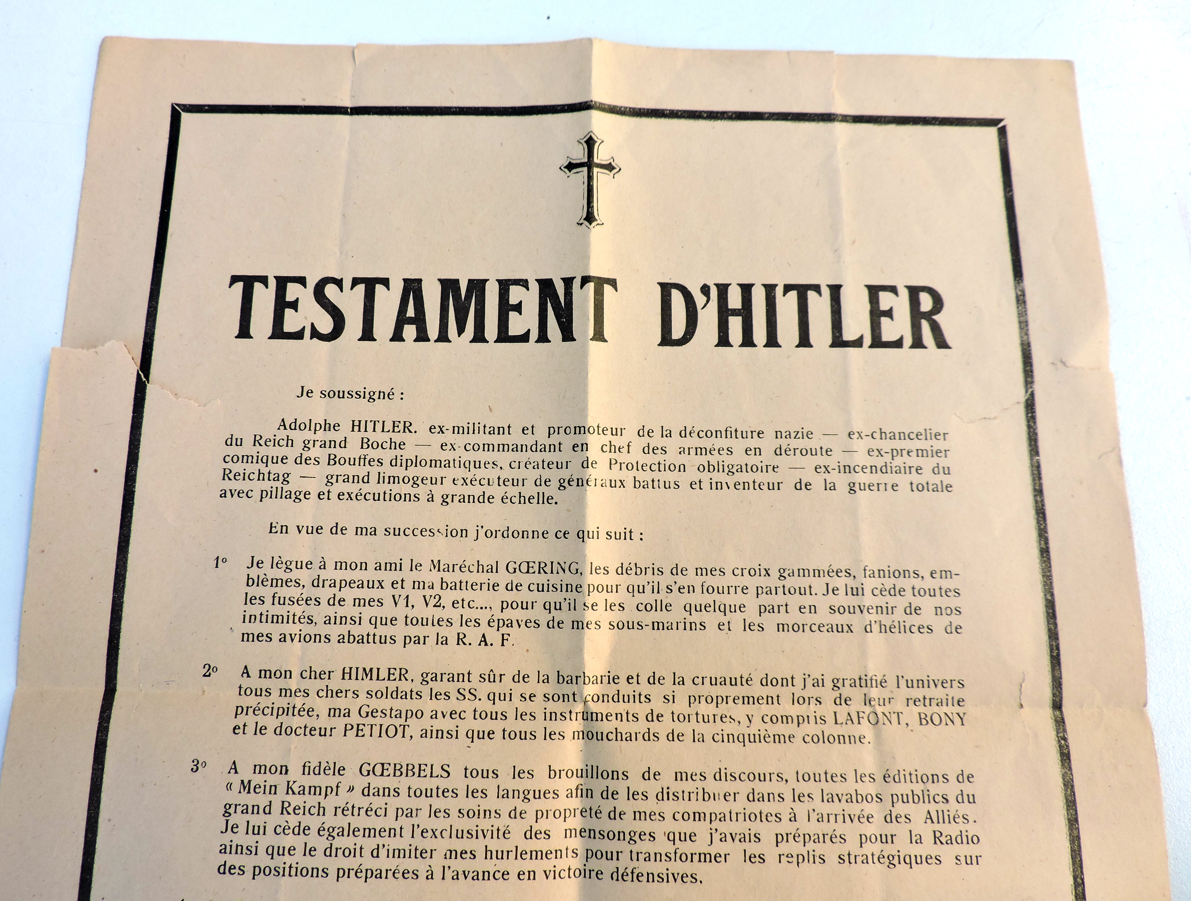 Tract Testament d&#039;Hitler  Parodique, 1944