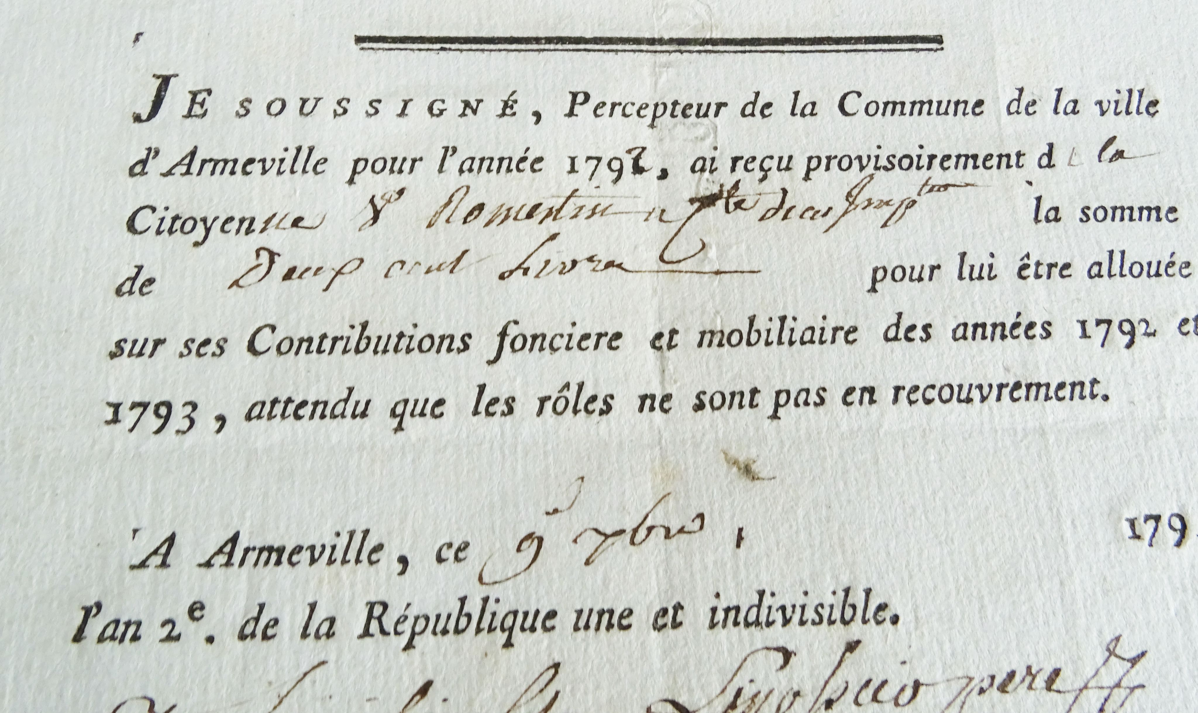 Papier ancien  Percepteur Commune d&#039;Armeville (Saint Etienne) 1792-1793 R&eacute;volution