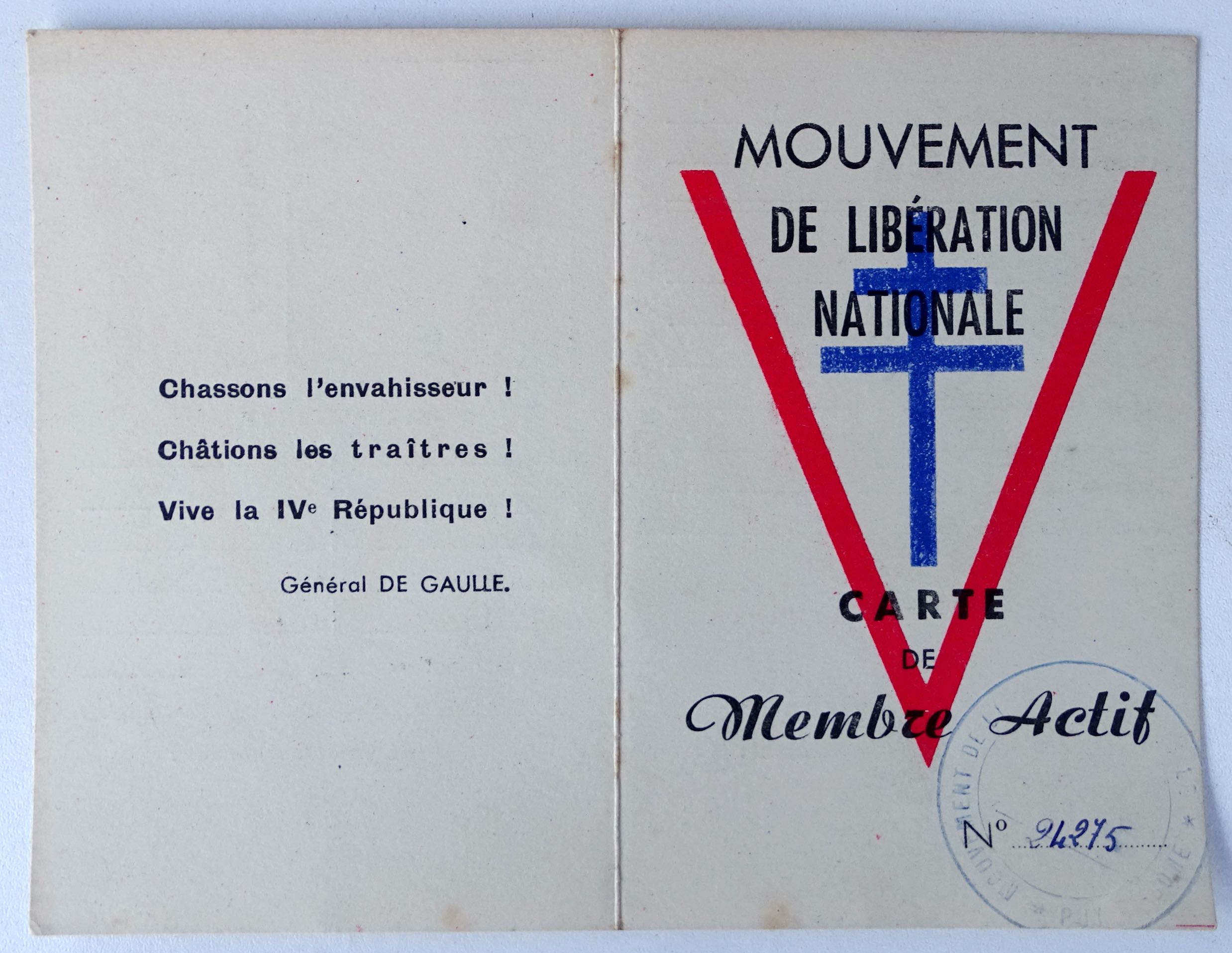 Carte de membre actif du Mouvement de Lib&eacute;ration Nationale MLN Puy de D&ocirc;me