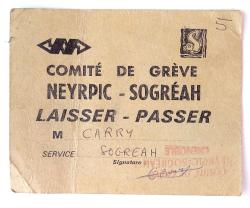 Rare Laisser-Passer Mai 68 Comit&eacute; de Gr&egrave;ve Neyrpic Sogreah Grenoble